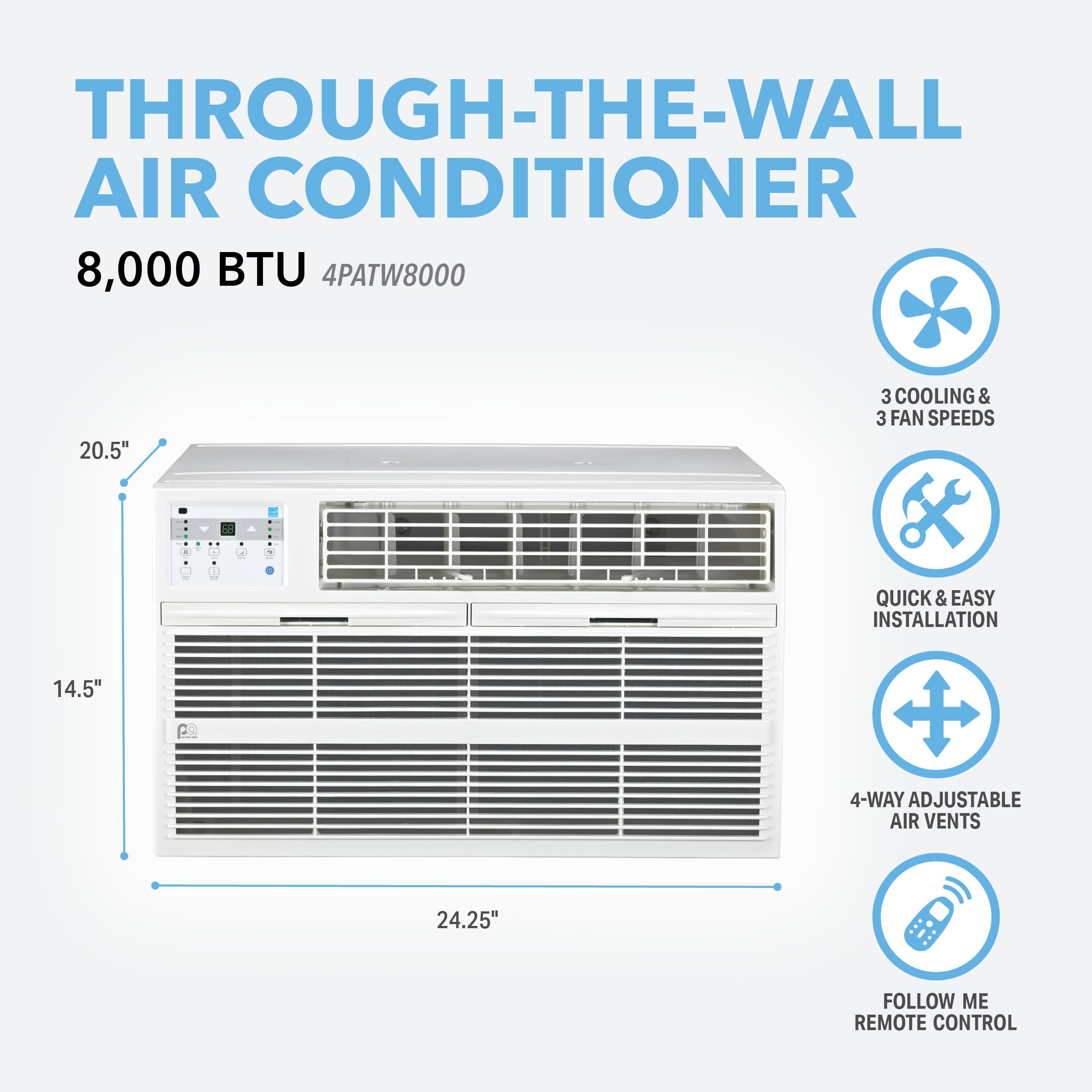 Perfectaire 4Patw8000 8,000 Btu Thru The Wall Air Conditioner With Remote Control, Eer 10.6, 300 350 Sq. Ft. Coverage, White, 8,