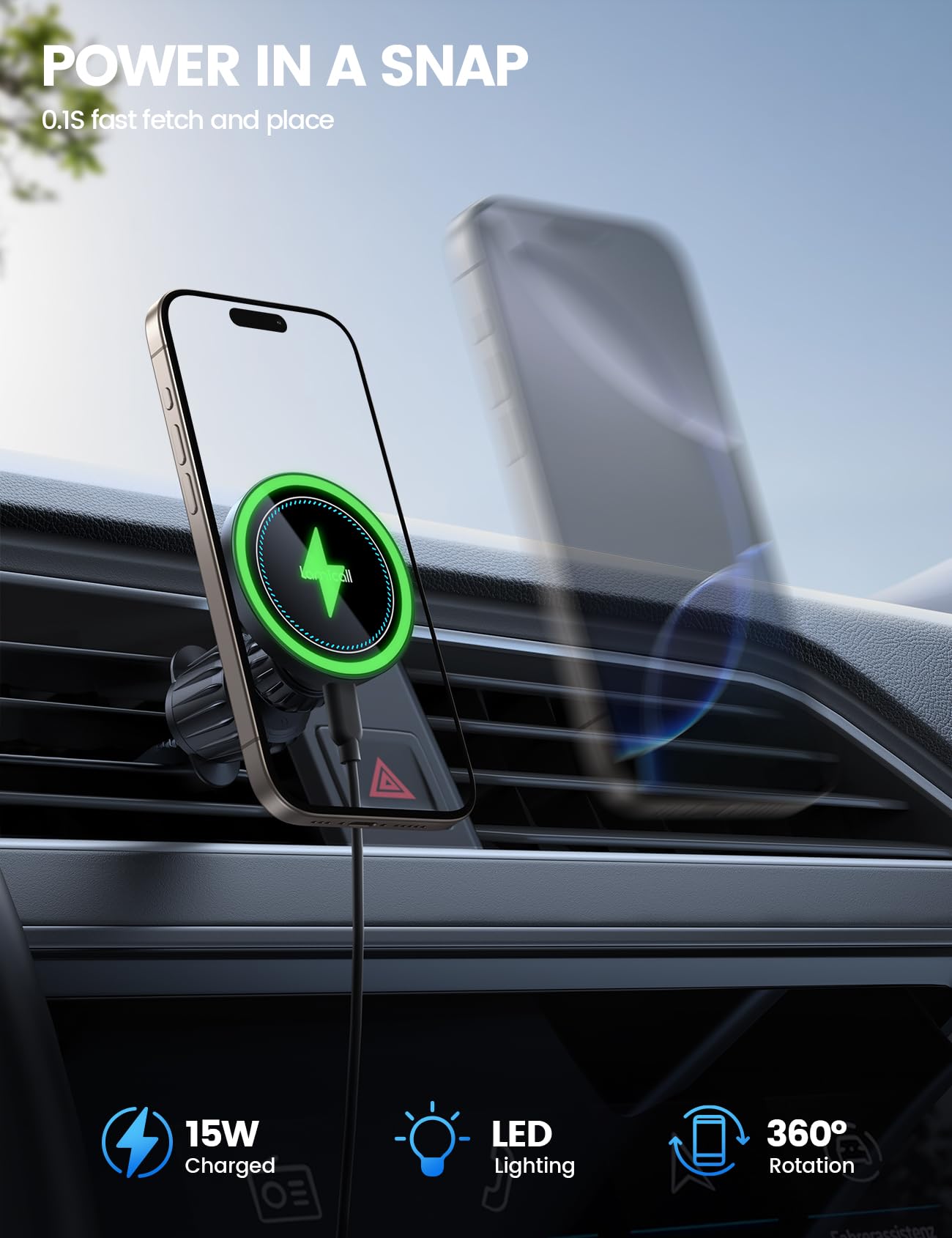 Lamicall For Magsafe Car Mount Charger - [2025 Ultra Magnet] 15W Wireless Car Phone Holder Charger - Handsfree Magnetic Phone Ho