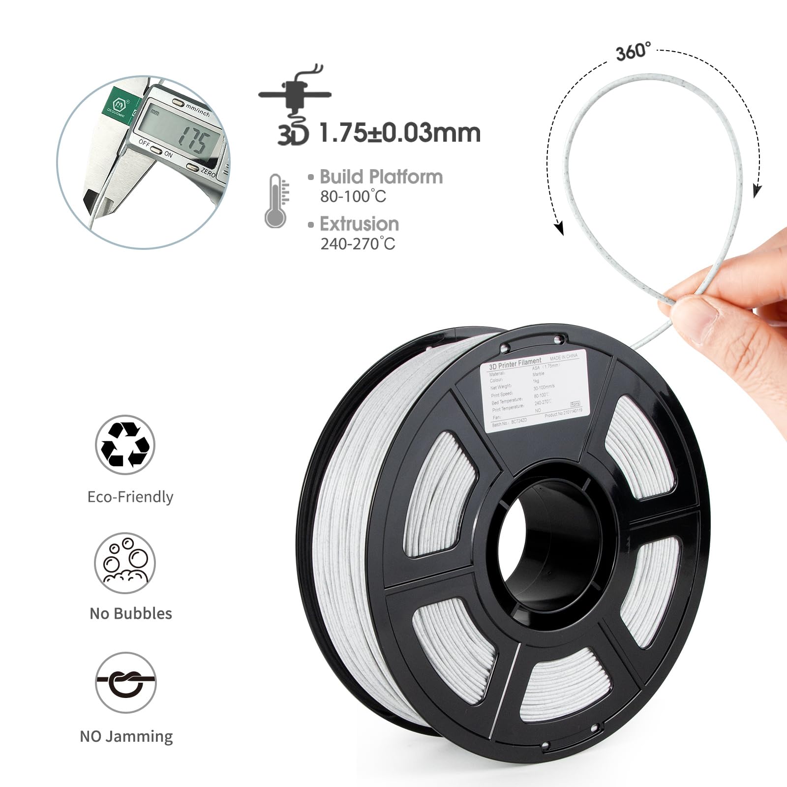 Isanmate Asa Filament 1.75Mm Marble 1Kg, Uv & Weather Resistant 3D Printer Filament Perfect For Outdoor Functional Parts, Dimens