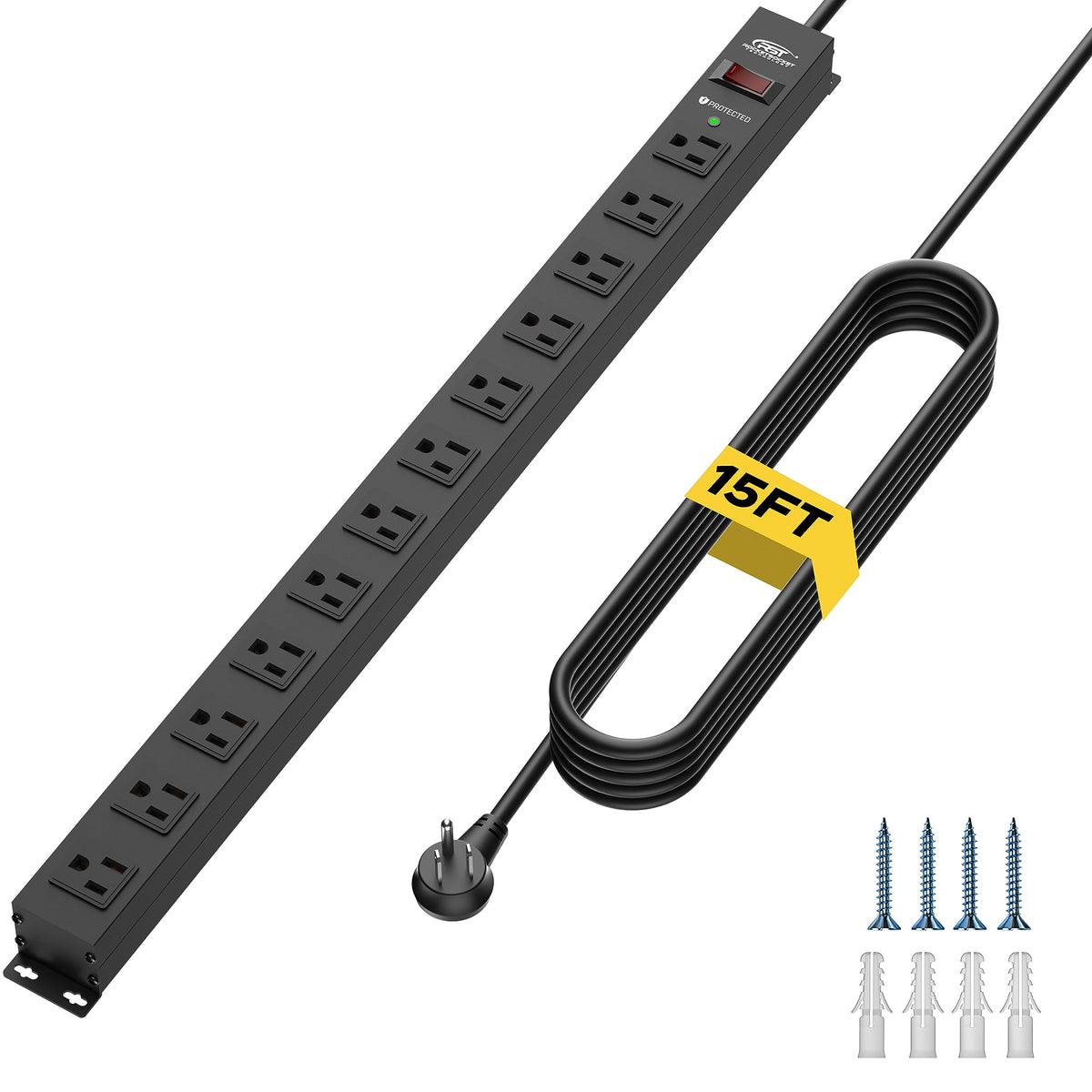 Crst 12-Outlet Long Power Strip With 15Ft Cord, 2100 Joules Heavy Duty Surge Protector Mountable Power Strip, Wide Spaced Outlet