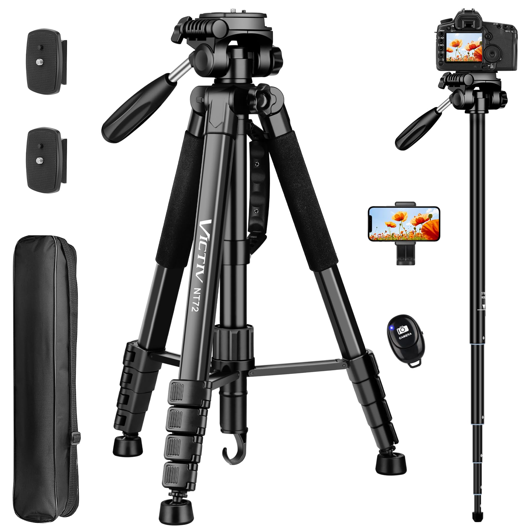 Tripod For Camera, 72'' Tall Camera Tripod With Remote, Compact Camera Stand Tripod For Phone, Lightweight Dslr Tripod& Monopod,