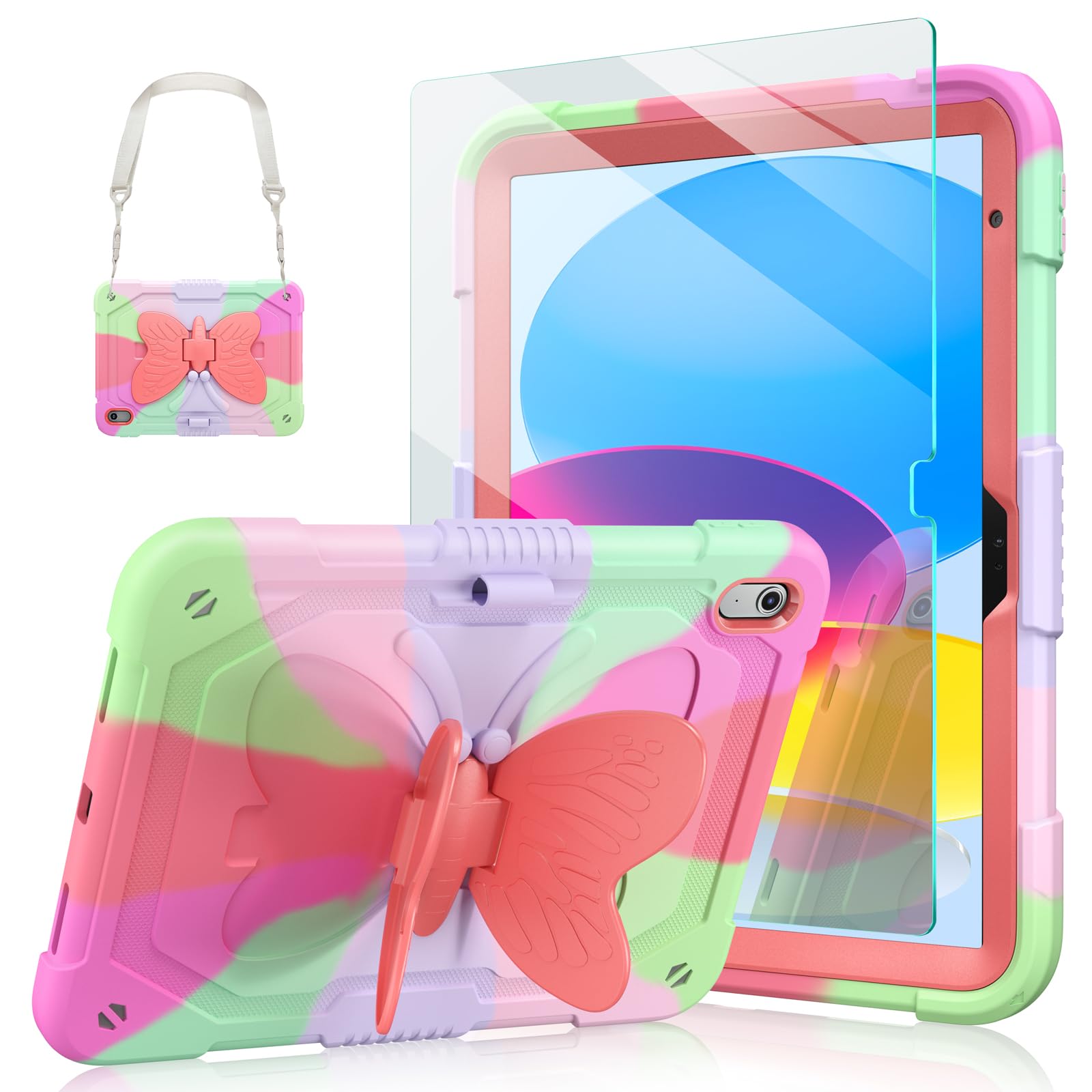Ambison Case For Ipad 10Th Generation 2022 10.9 Inch For Kids Girls,With 9H Tempered Glass Screen Protector, Rugged Heavy Duty Shockproof Protective Case With Butterfly Stand,Carrying Strap Rose Red