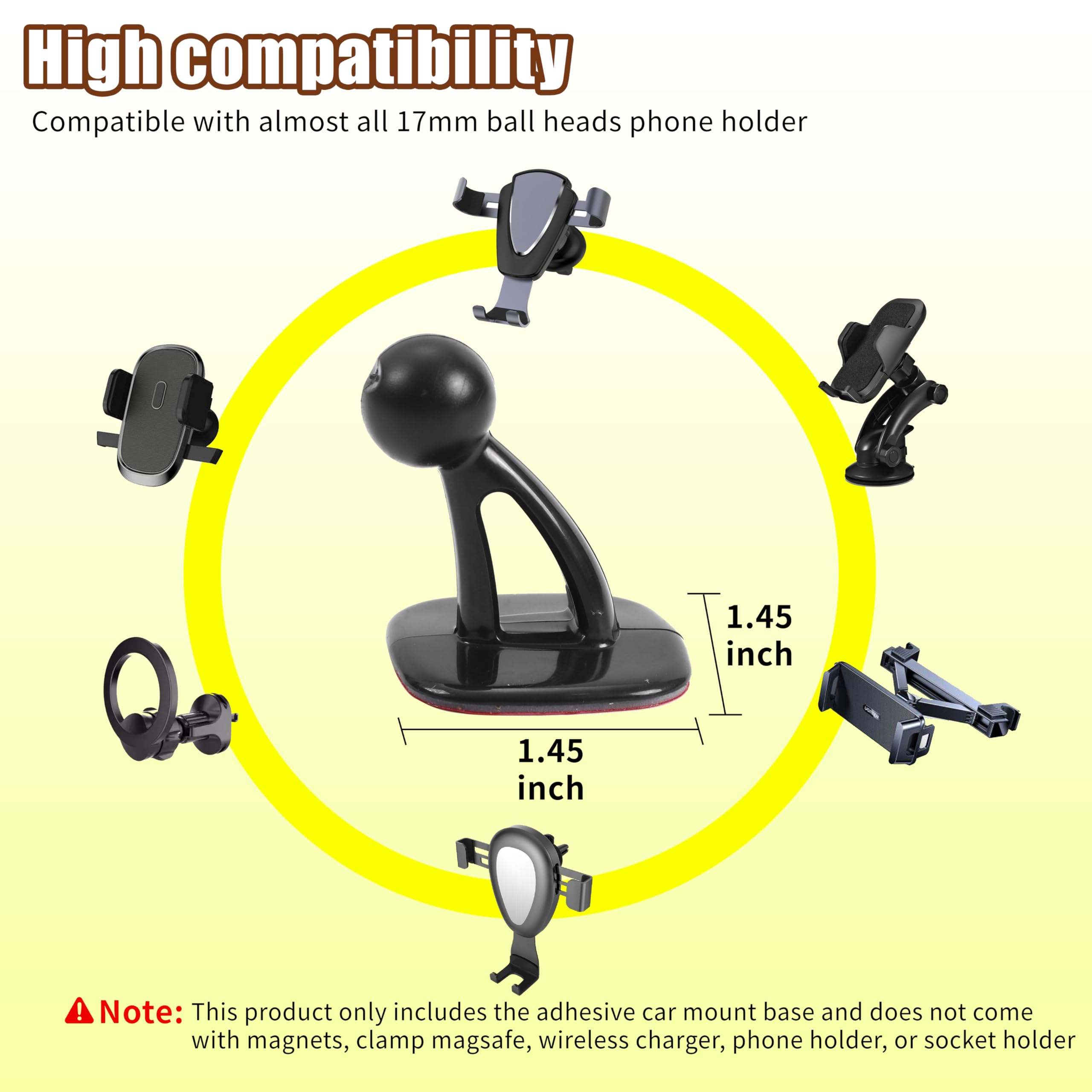 Universal Car Phone Holder Mount With Adhesive Pads, Compatible With 17Mm Ball Head, Strong And Sturdy Base For Cellphones (Blac