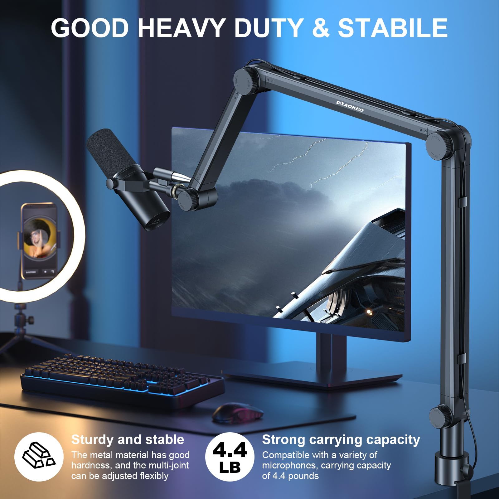 Microphone Arm,Aokeo Ak-49 Adjustable Compact Mic Suspension Boom Scissor Arm Stand For Blue Yeti,Snowball Ice, Hyperx Quadcast,