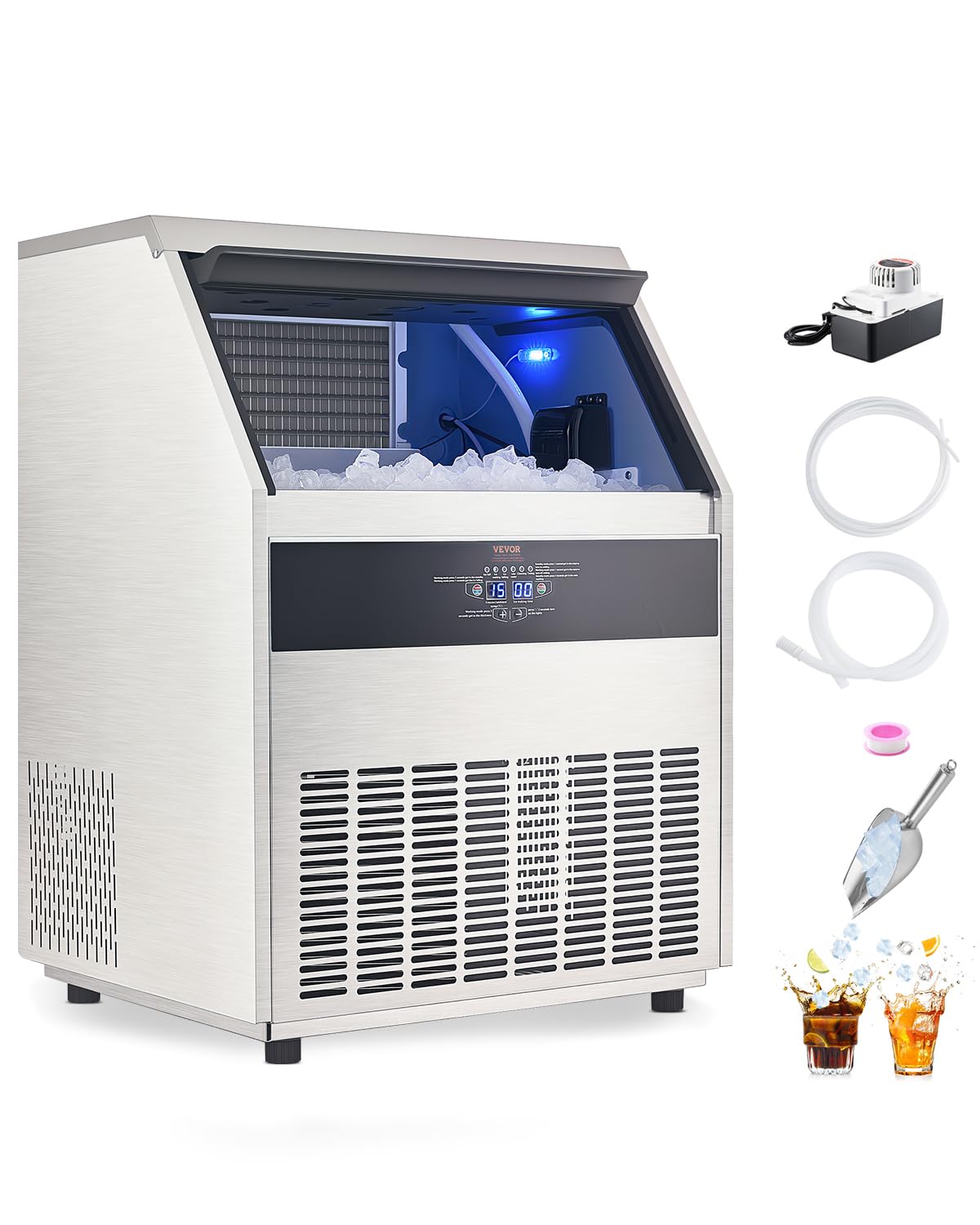 VEVOR 360lbs/24H Commercial Ice Maker Machine with Drain Pump, 88lbs Storage Capacity Ice Maker, 160 Ice Cubes in 15 Minutes, LE