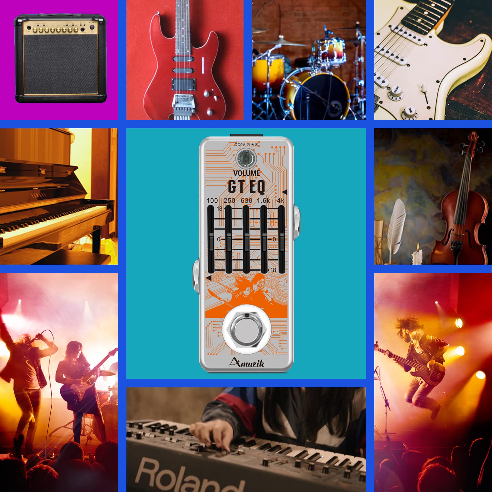 Amuzik Eq Pedal 5 Band Equalizer Effects Pedal Analog Graphic Equalization Guitar Effects Pedals 18Db Range