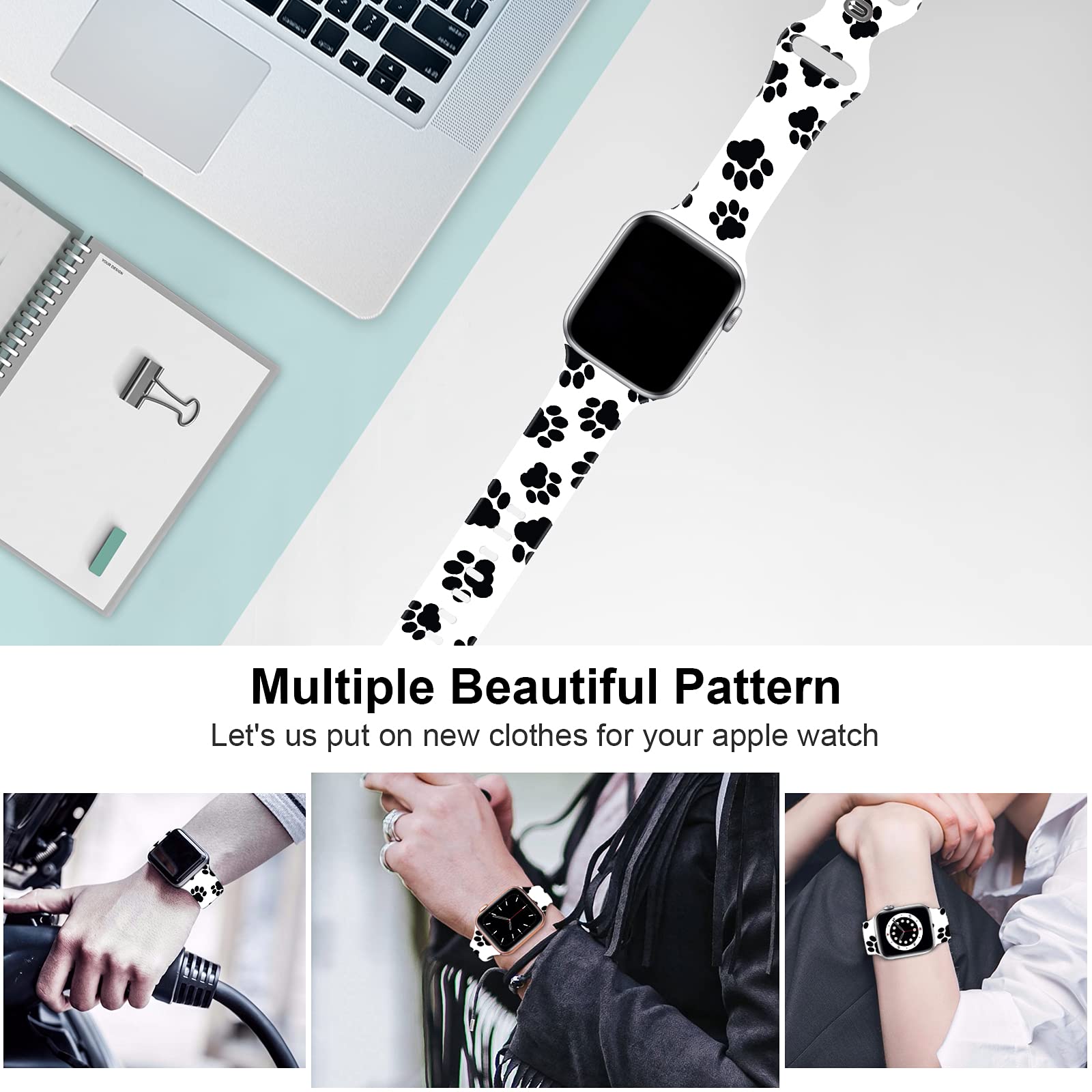 Bxxtpk Black Puppy Paw Print Black Cat Paws In White Background Compatible With Apple Watch Band 42Mm 44Mm Soft Silicone Wristba