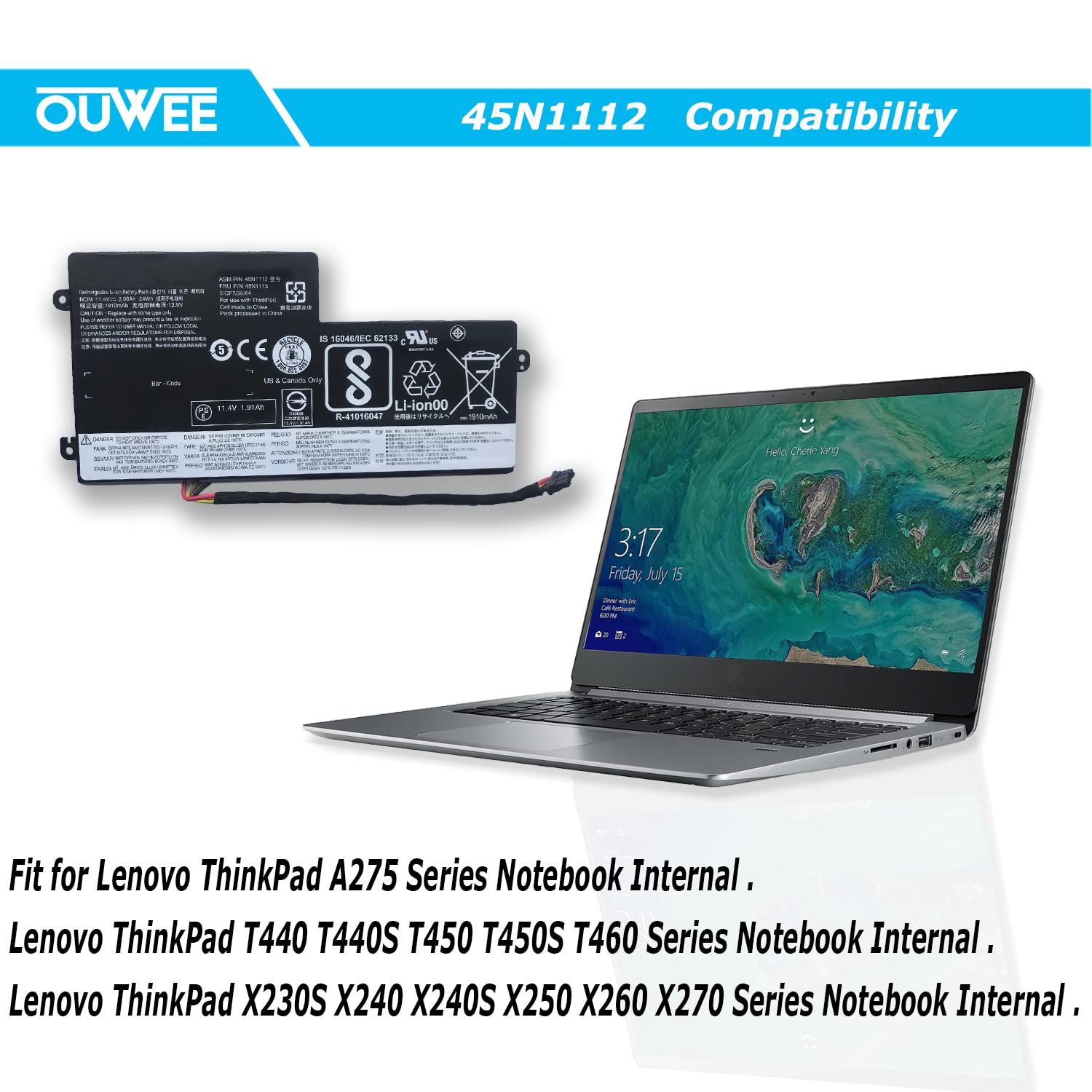 Ouwee 45N1112 Laptop Battery Compatible With Lenovo Thinkpad A275 T440 T440S T450 T450S T460 X230S X240 X240S X250 X260 X270 Ser