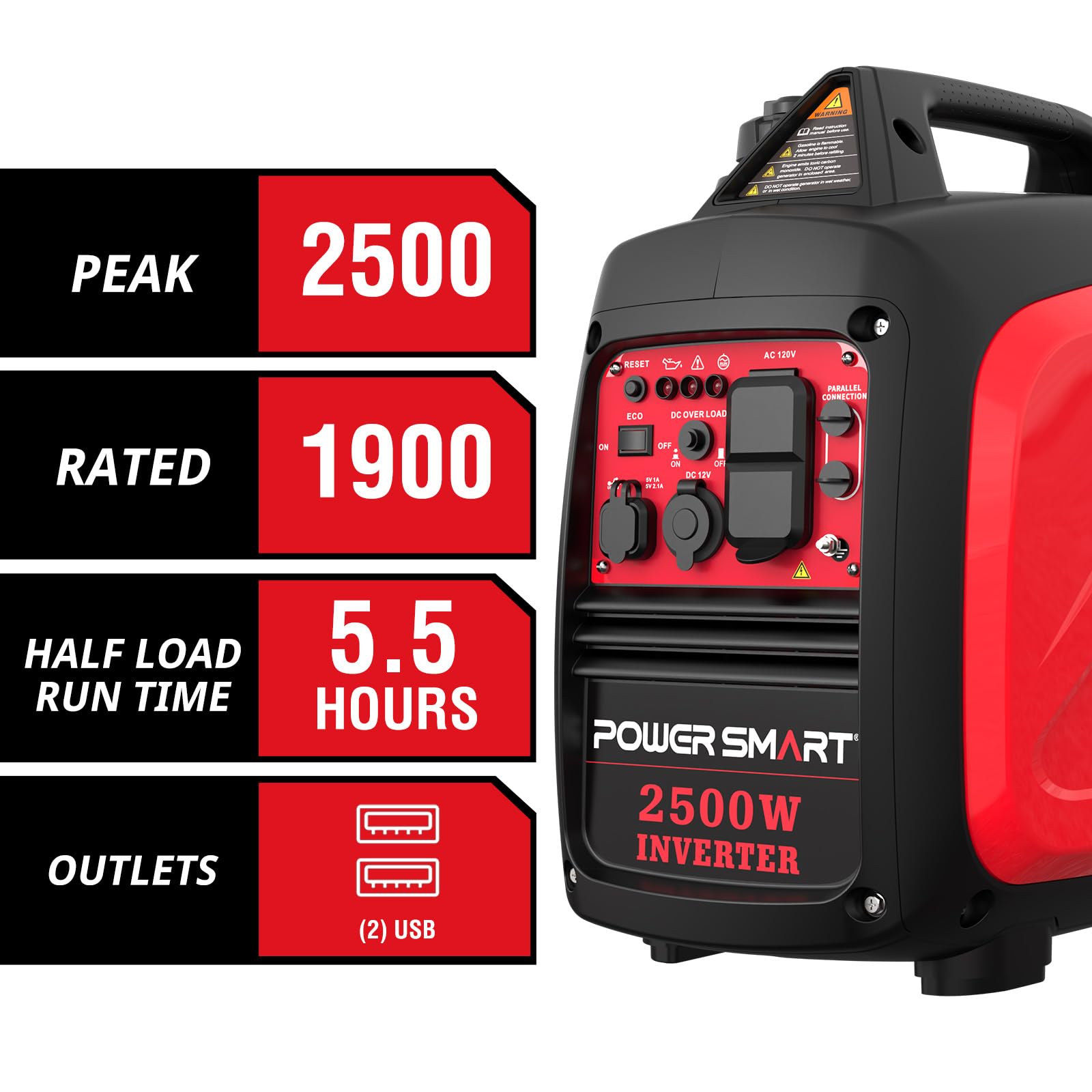 Powersmart 2500 Watt Portable Inverter Generator, Super Quiet For Camping, Tailgating, Home Emergency Use, Ultra Lightweight, Ep