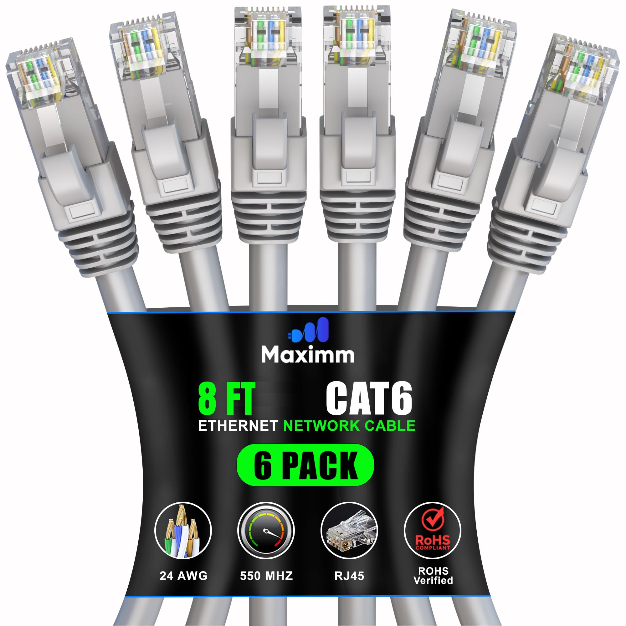 Maximm Cat 6 Ethernet Cable 8 Ft (6 Pack)   High Speed Lan Cable, Internet Cable, Patch Cable, And Network Cable   Utp, 10Gbps, 550Mhz Ethernet Cord   Gray