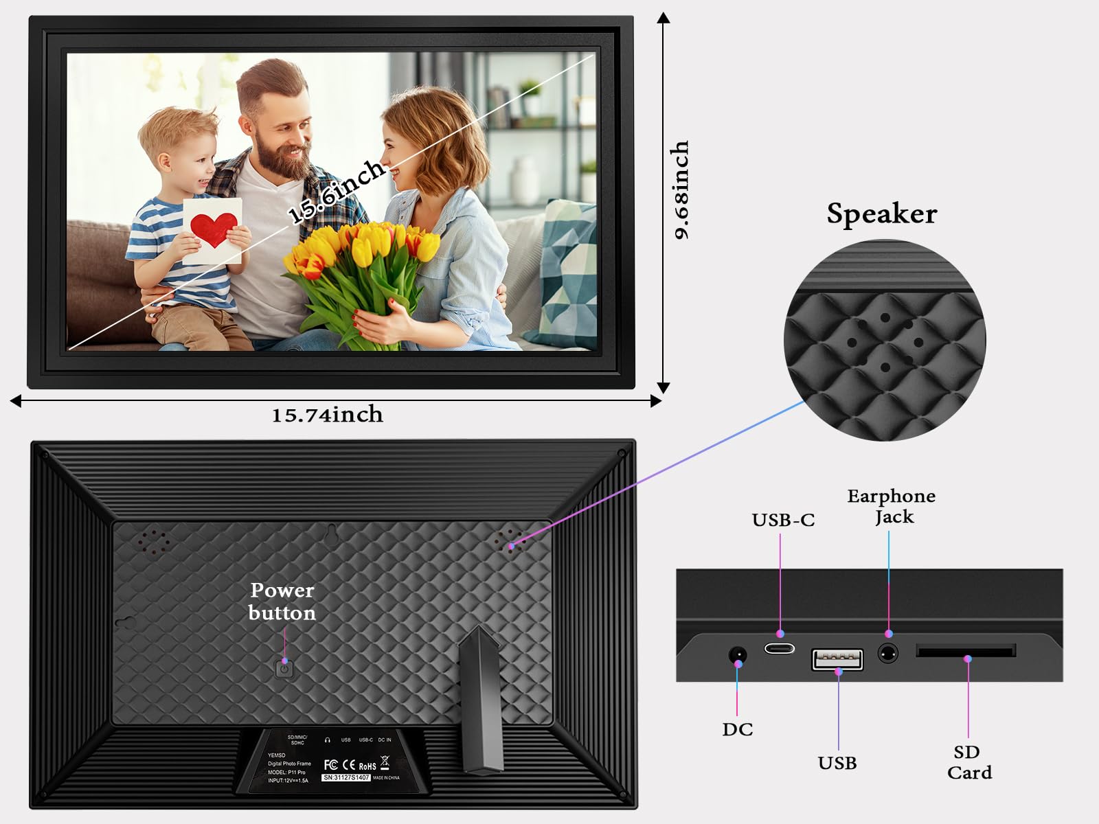Yemsd Wifi Digital Picture Frame, 32Gb Memory, 15.6 Inch Large Digital Photo Frame With 1920X1080 Hd Ips Touchscreen, Auto Rotat