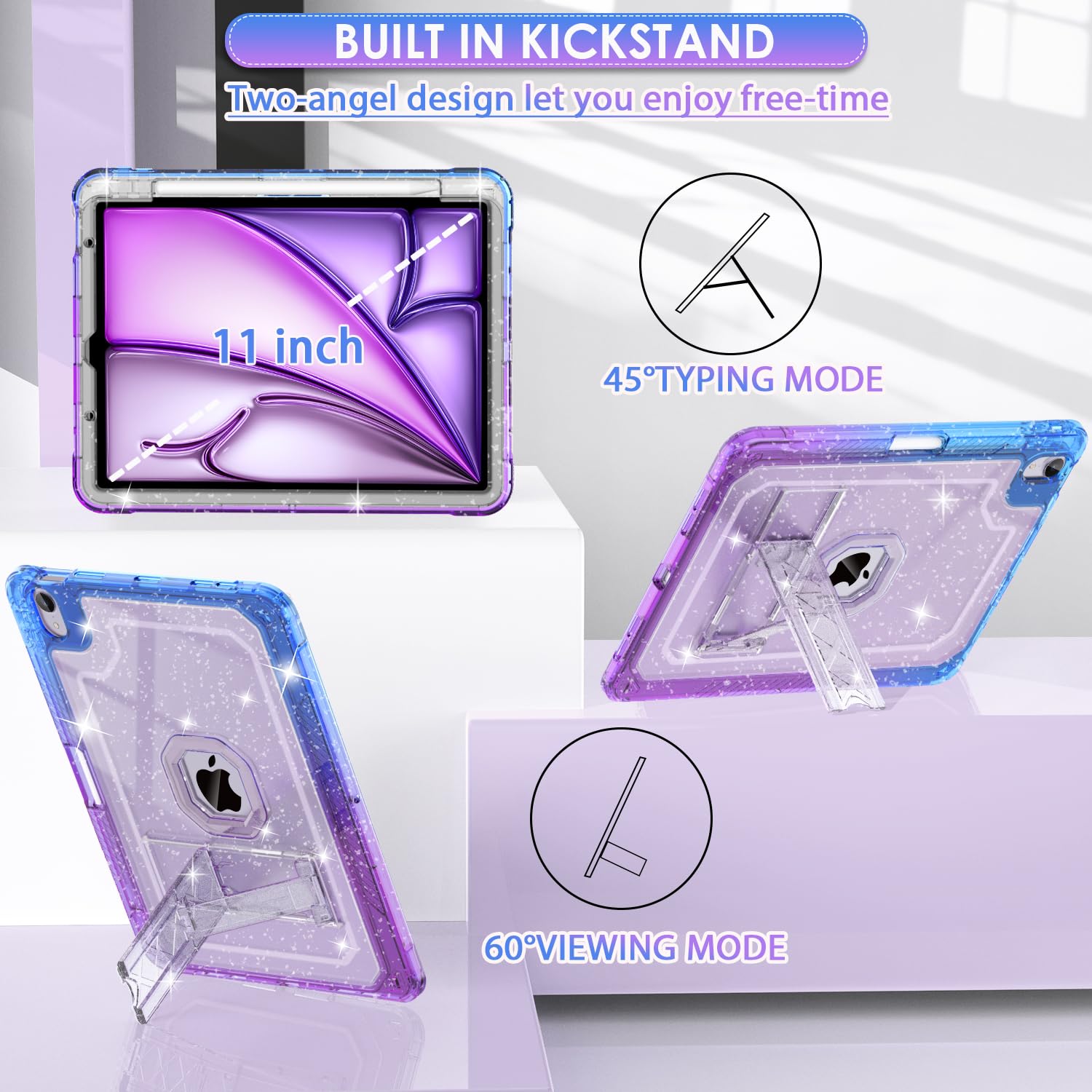 Zonefoker For Ipad Air 6Th 11 Inch M2 Generation Case 2024, Ipad 5Th/4Th 11 Inch 2022/2020, Purple Blue Glitter Cover With Penci