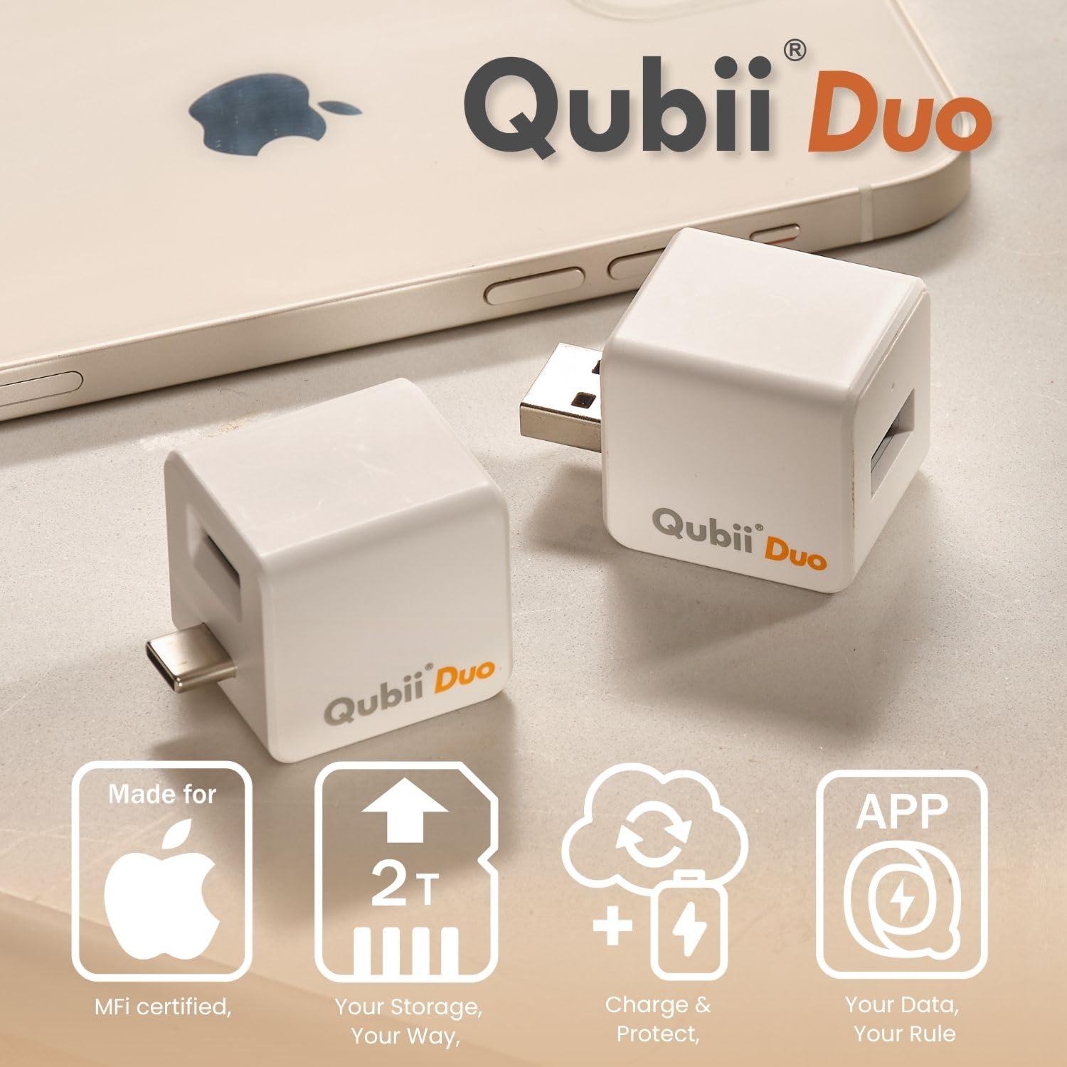 Maktar Mfi-Certified Qubii Duo Usb-C Auto Photo Storage & Iphone Backup While Charging Ends Icloud Fees. Free App Apple Android