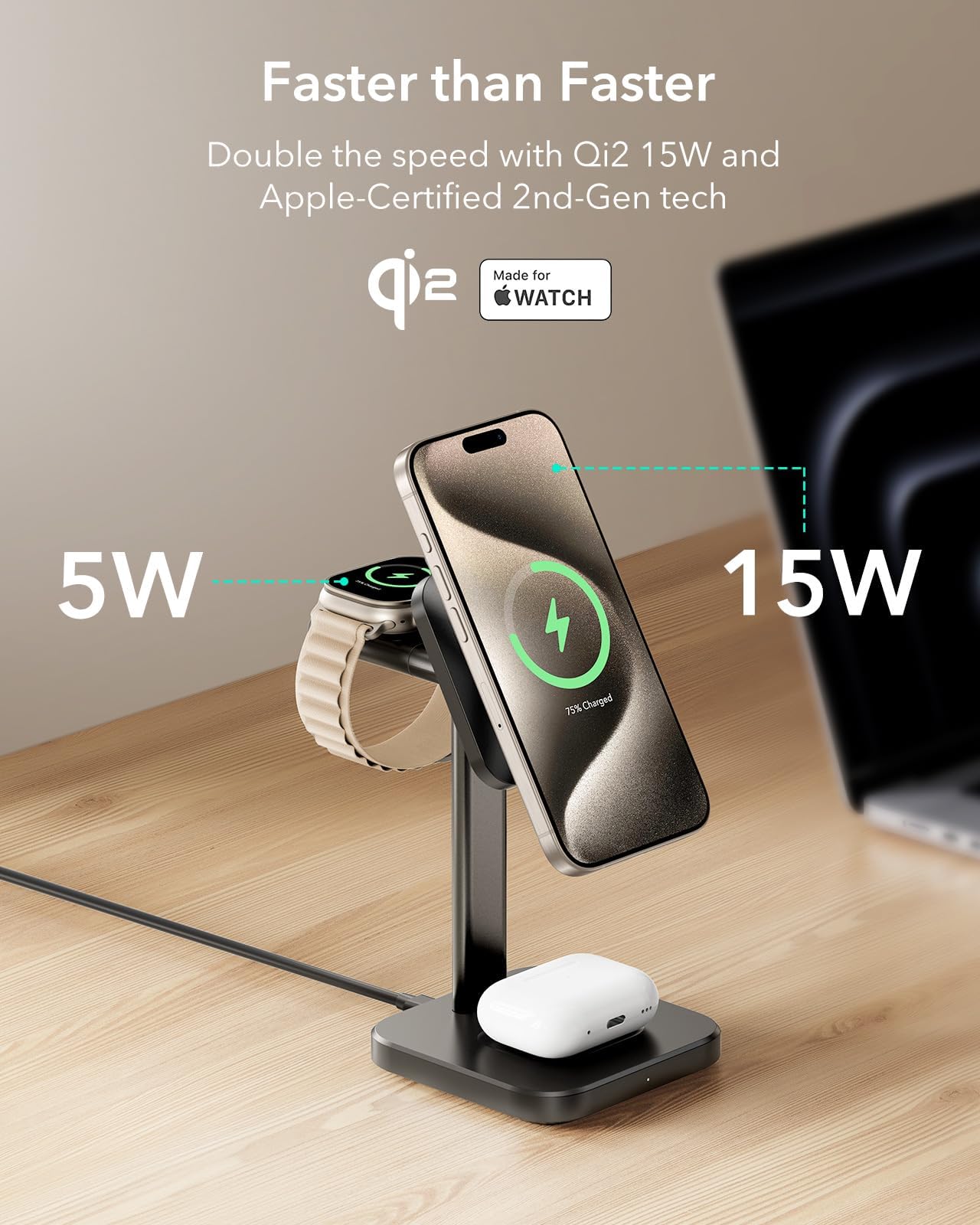 Esr Qi2 3 In 1 Wireless Charging Station, [Certified] Apple Watch Charger & 15W Qi2 Magsafe Charger Stand For Iphone, Wireless C