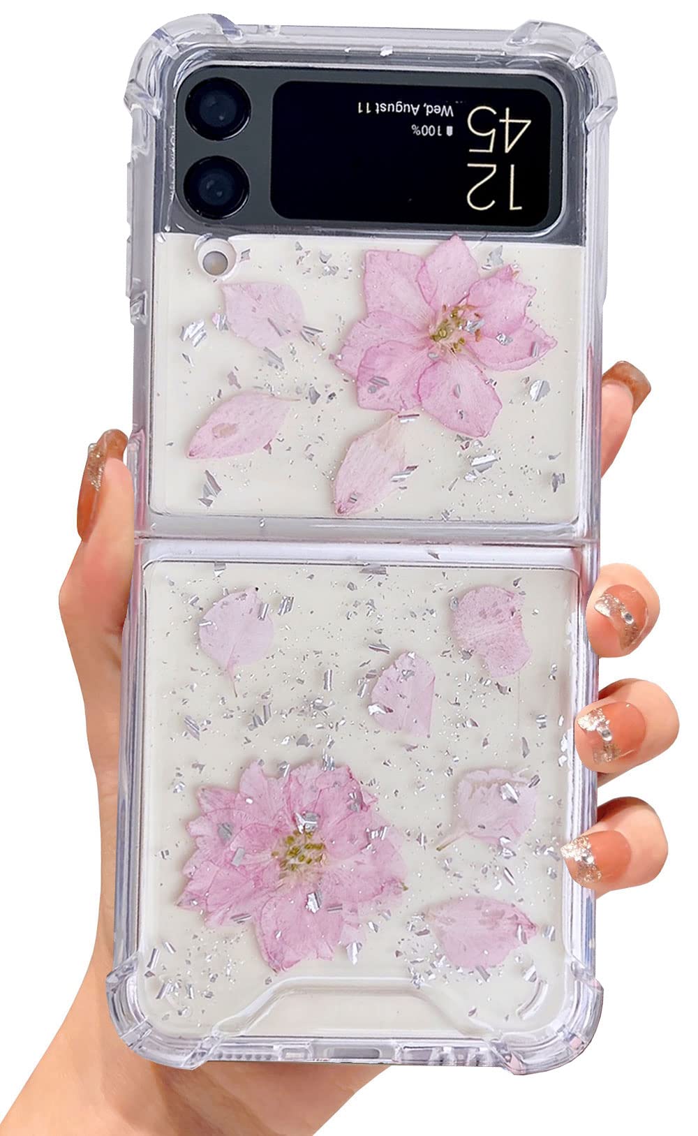 Abbery for Samsung Galaxy Z Flip 4 Case Swallow Pink Flower Clear Cute Design Glitter Sparkle Real Pressed Dried Floral TPU PC T