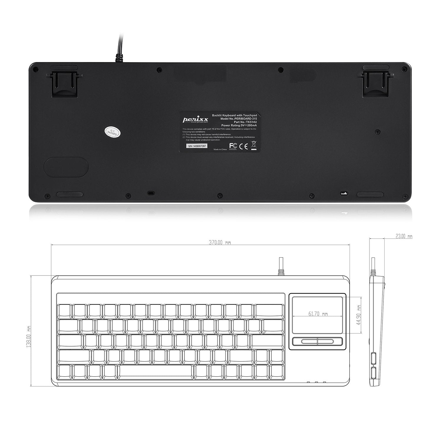 Perixx Periboard 515H Wired Usb Keyboard With Touchpad, Compact Trackpad Keyboard With 2 Hubs, Black, Us English Layout (11049)