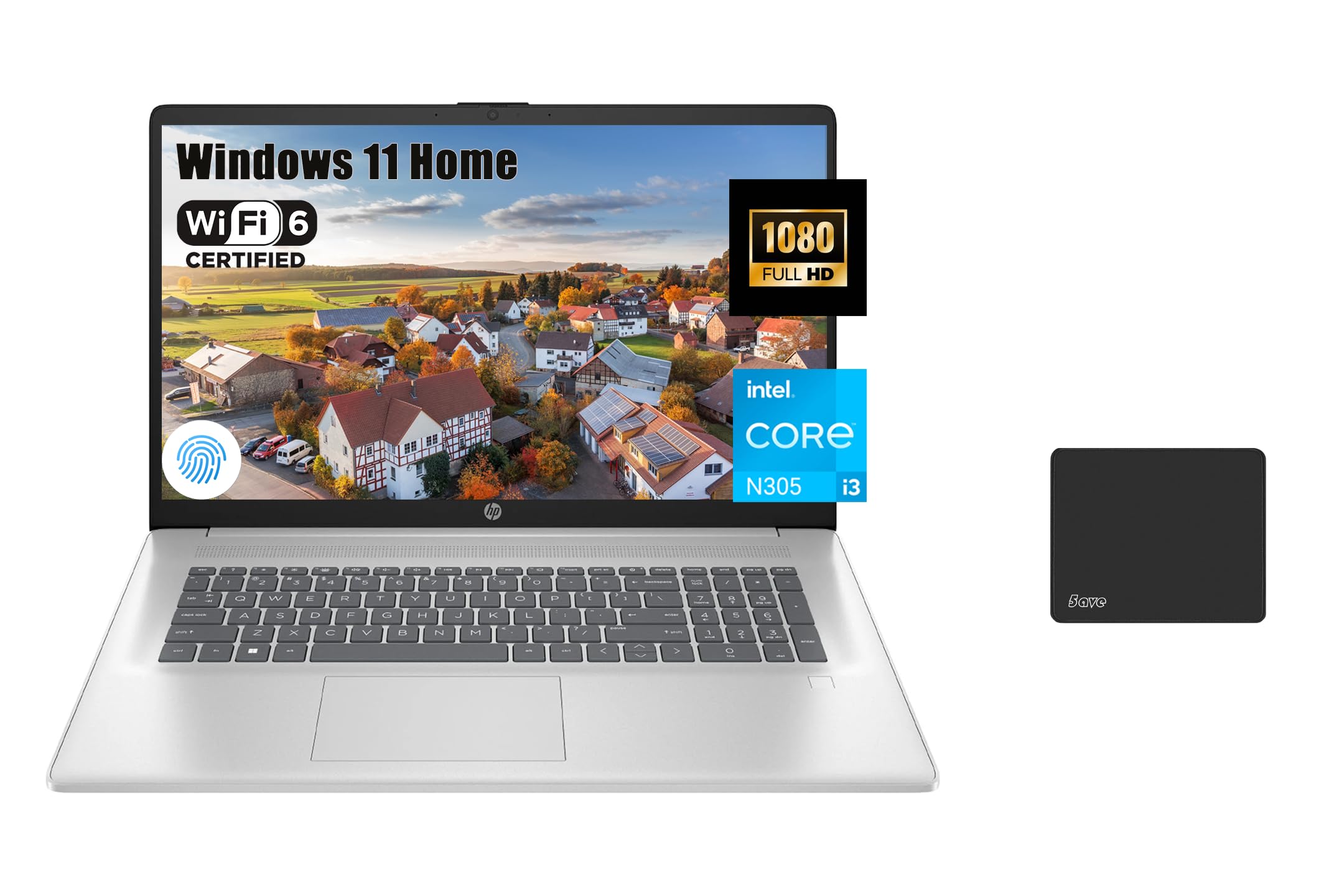 HP 17.3 Laptop for Student and Business, FHD IPS Anti-Glare Display, Intel i3-N305, Intel UHD Graphics, Fingerprint, Wi-Fi 6, Bl