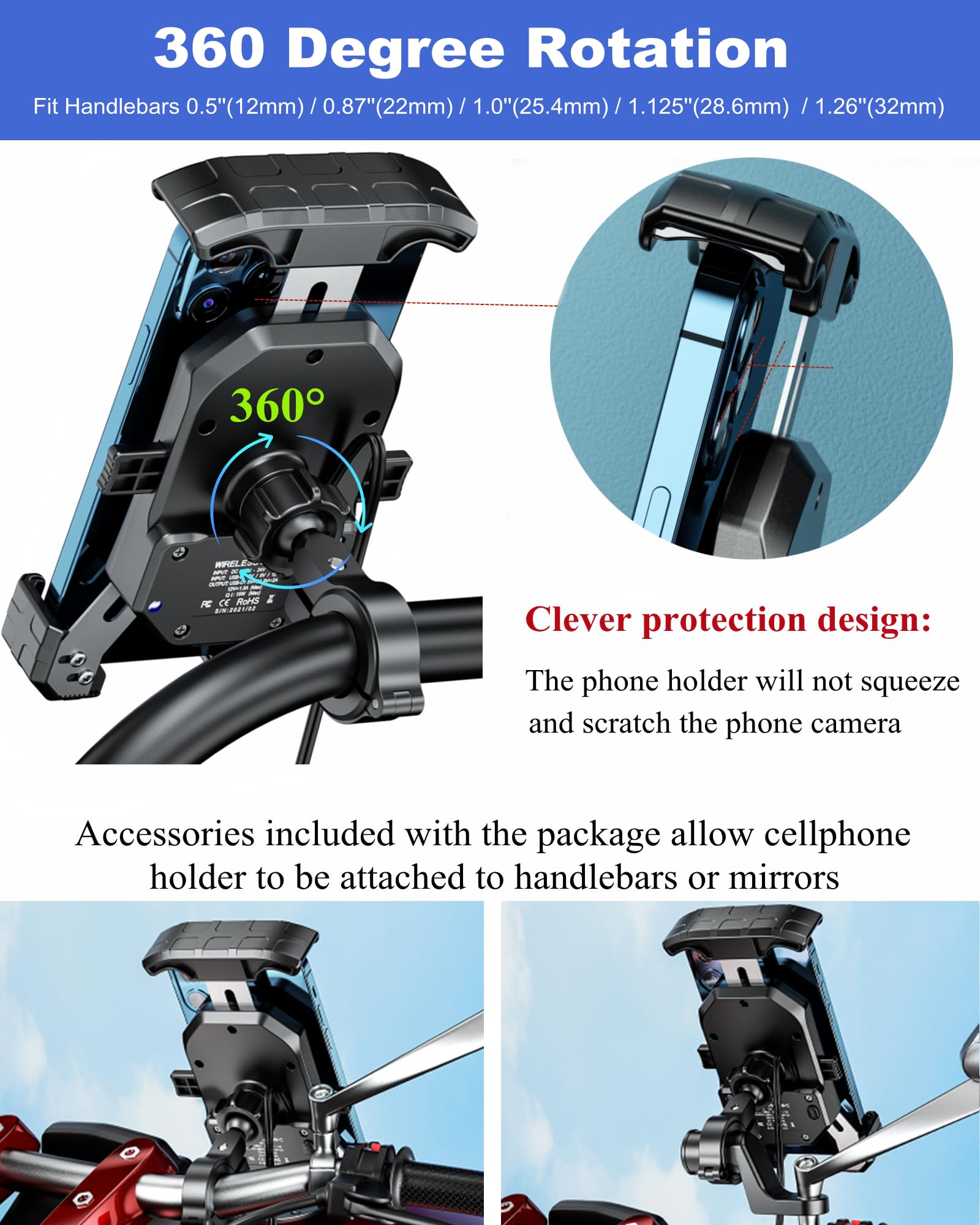 Brcovan Motorcycle Phone Mount With Qi 15W Wireless Charger And Usb C 20W Fast Charging Port, One Hand Operation Motorcycle Cell