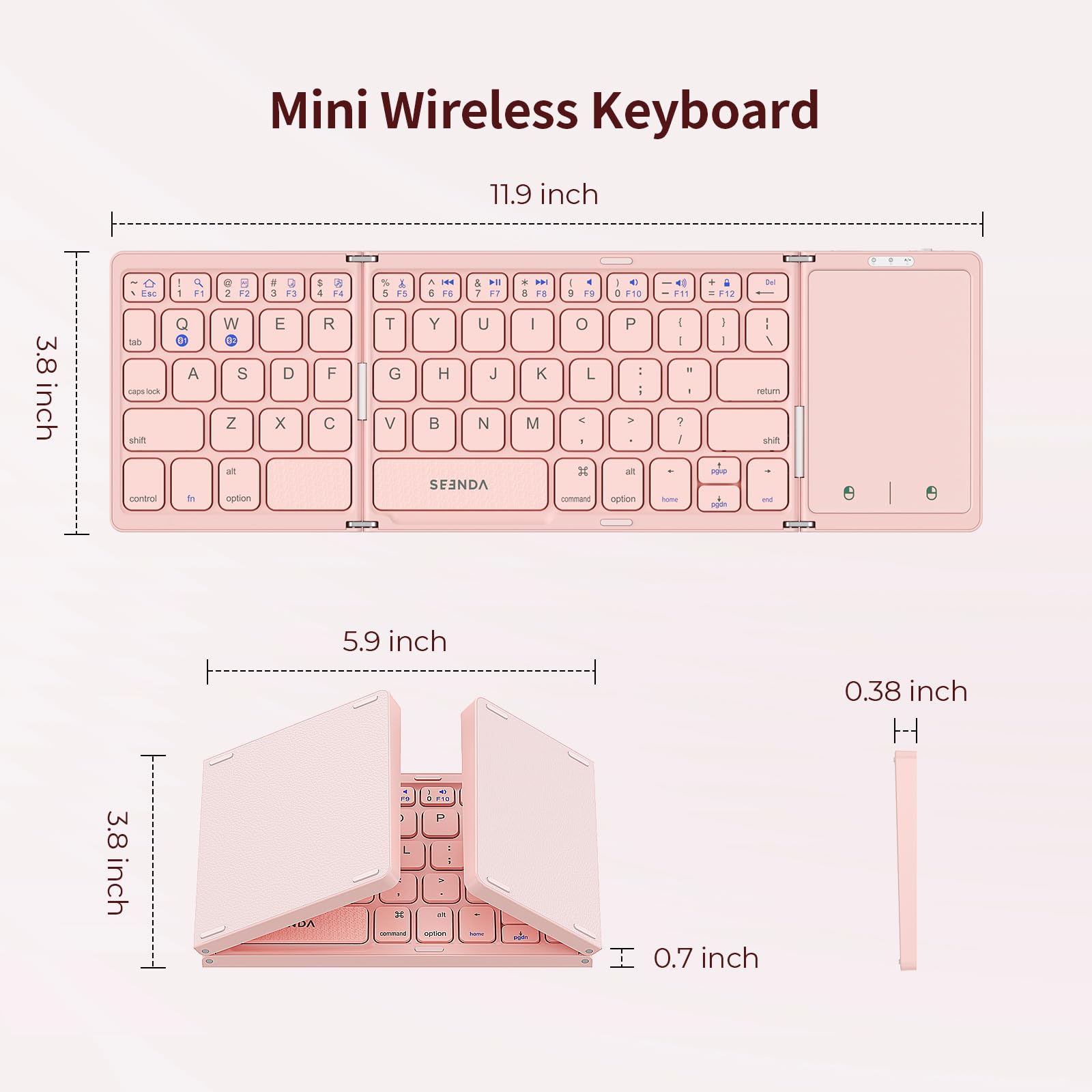 Seenda Foldable Bluetooth Keyboard For Travel, Tri Folding Wireless Rechargeable Multi Device Portable Keyboard With Touchpad, For Laptop Ipad Tablet Pc Smartphone Windows Ios Android, Pink