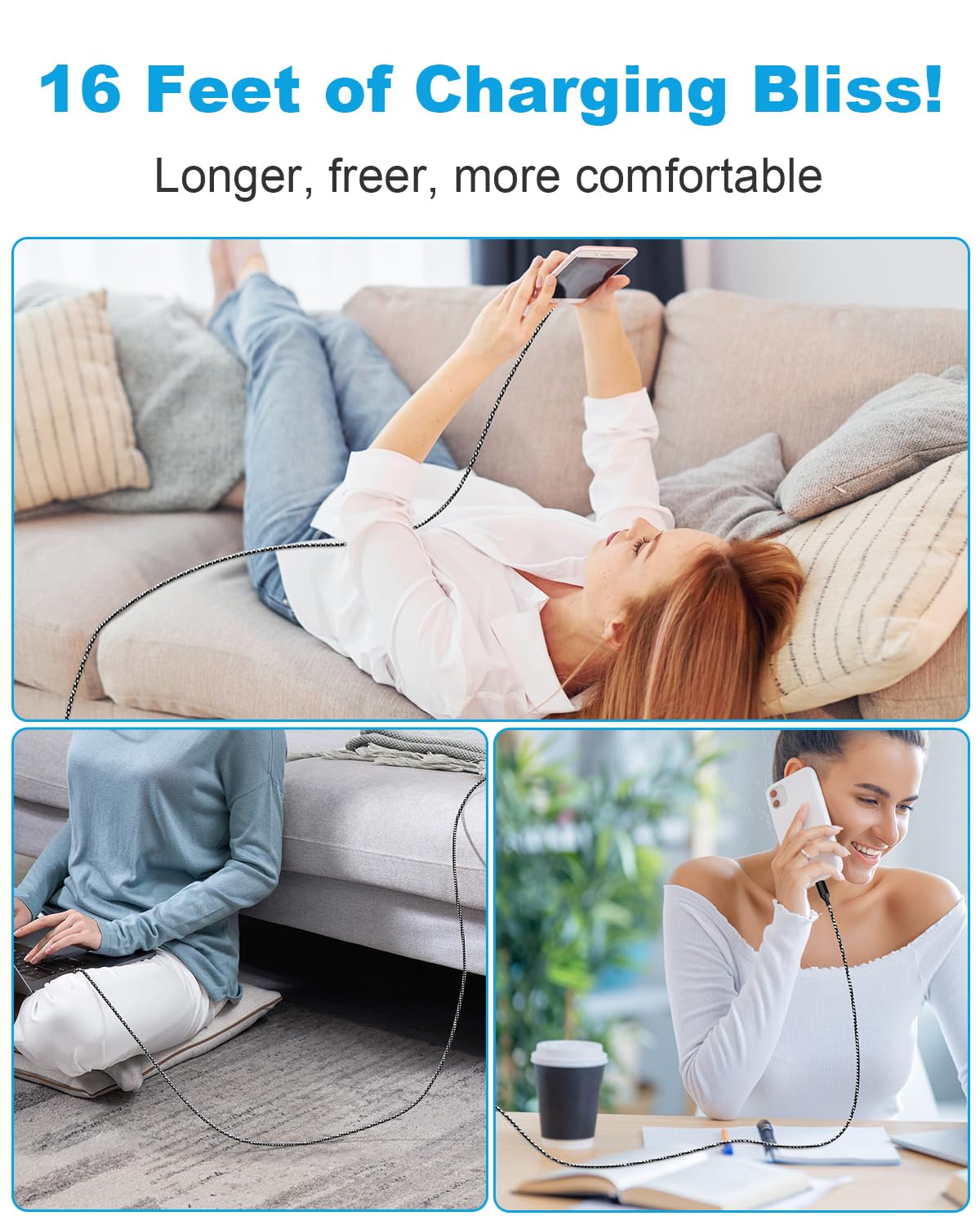 16 Ft Extra Long Iphone Charger Cord, [Apple Mfi Certified] With Dual Port 20W Pd + Qc 3.0 Wall Charger Plug, Nylon Braided Fast