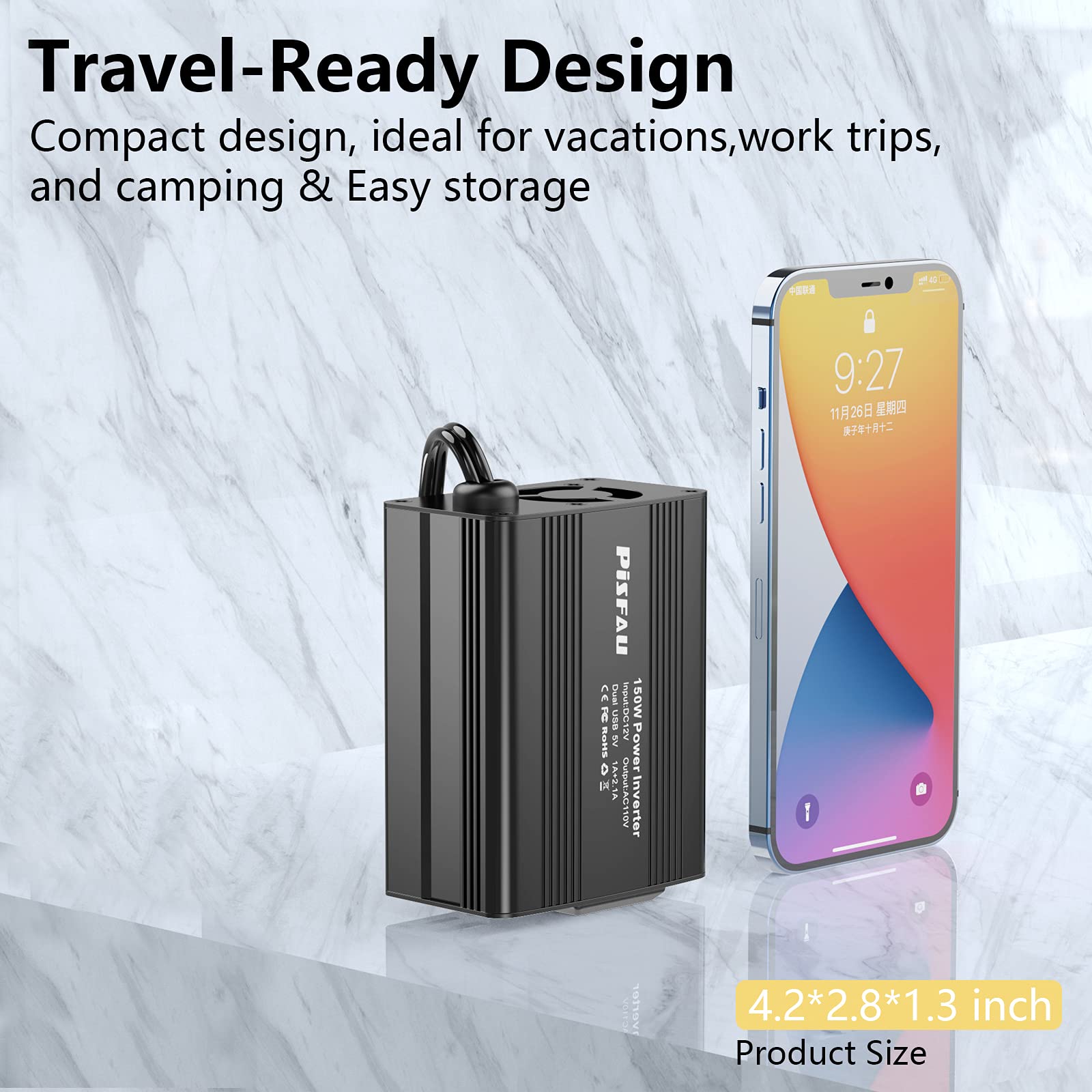 150W Power Inverter 12V Dc To 110V Ac Car Plug Adapter Outlet Converter With 3.1A Dual Usb Ac Car Charger For Laptop Computer Bl