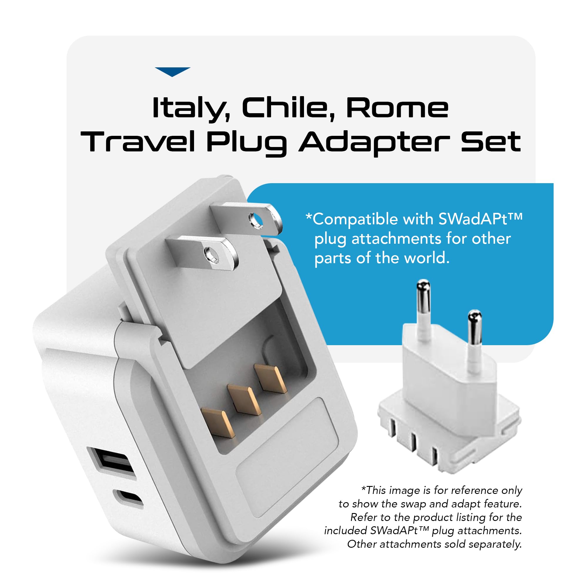 Ceptics Chile, Rome, Italy Travel Plug Adapter Set, Chile Plug Adapter Usb Usb C 20W Pd Qc 18W, 2 Outlet, Us To Italy Plug Adapt