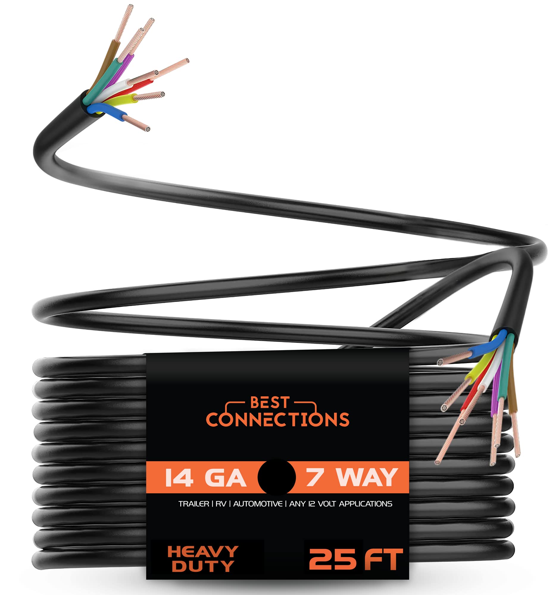 BEST CONNECTIONS 7 Way Trailer Wire (25 Feet) Heavy Duty 14 Gauge 7 Conductor Insulated Cable Durable, Weatherproof, ColorCoded