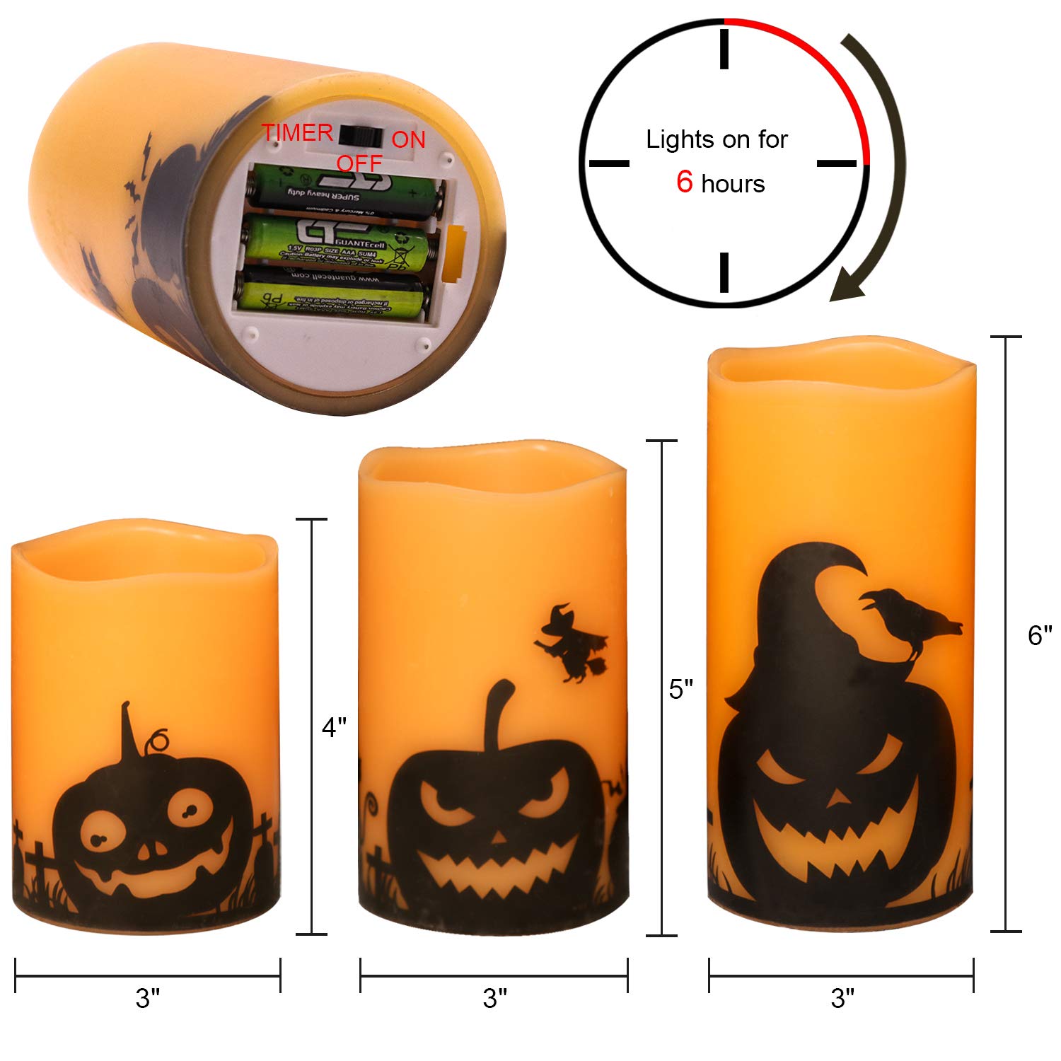 Dromance Pumpkin Flameless Candles Battery Operated With 6H Timer, Set Of 3 Real Wax Led Flickering Pillar Candles Spooky Hallow