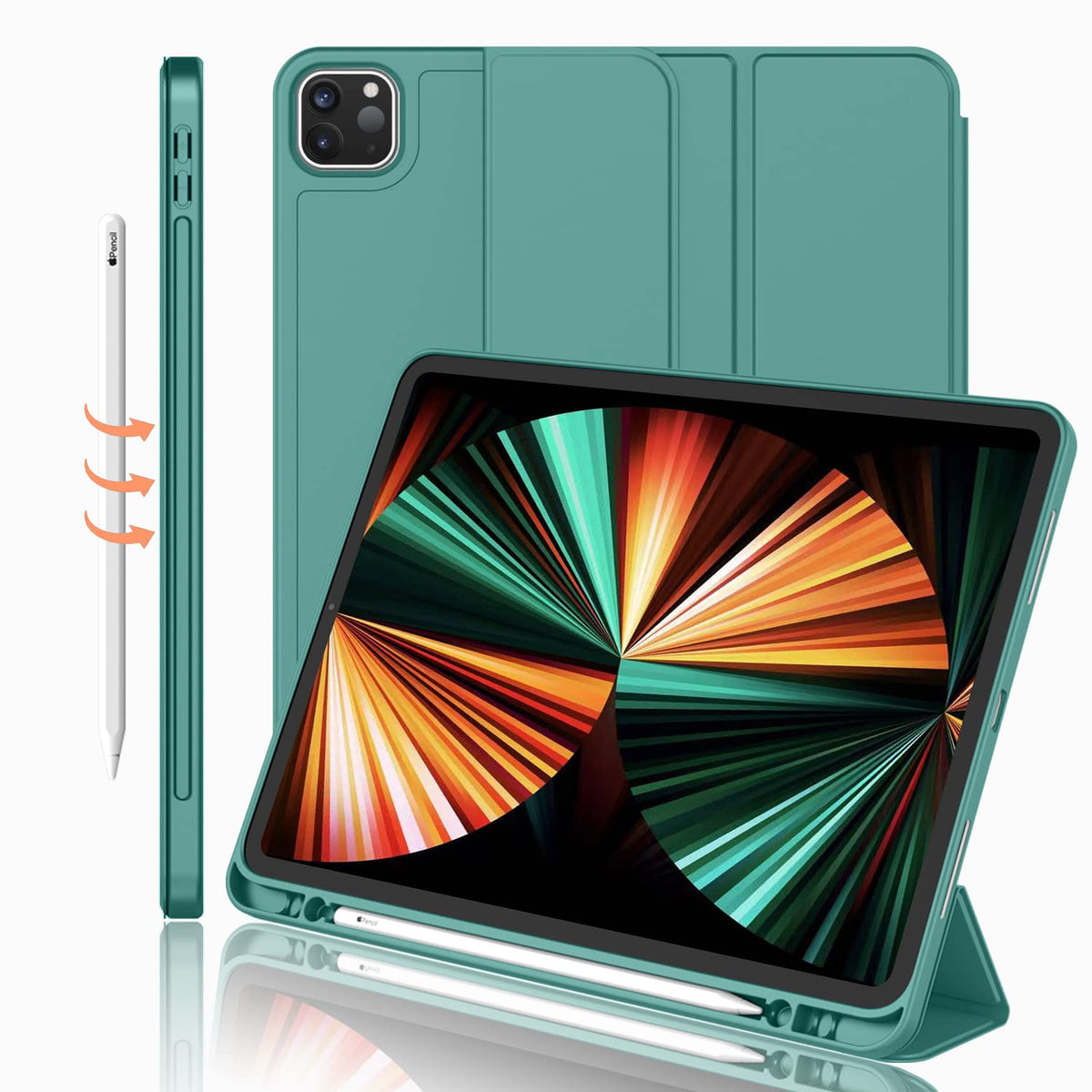 Imieet New Ipad Pro 12.9 Case 2022(6Th Gen)/2021(5Th Gen) With Pencil Holder [Support Ipad 2Nd Pencil Charging/Pair],Trifold Stand Smart Case With Soft Tpu Back,Auto Wake/Sleep(Forest Green)