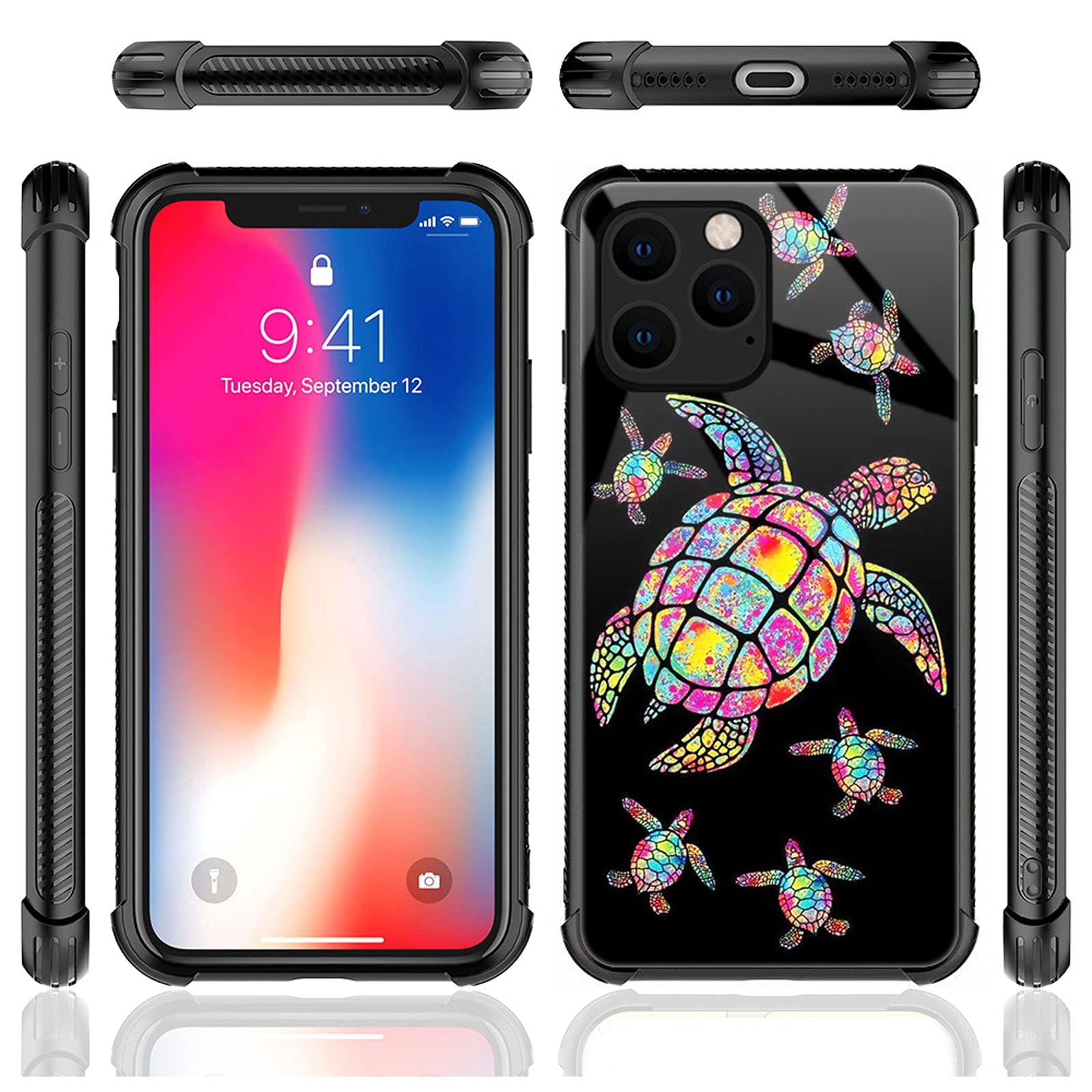 CARLOCA iPhone 13 Case Shockproof Anti-Scratch Drop Protection Polycarbonate Colorful Rainbow Turtle Family
