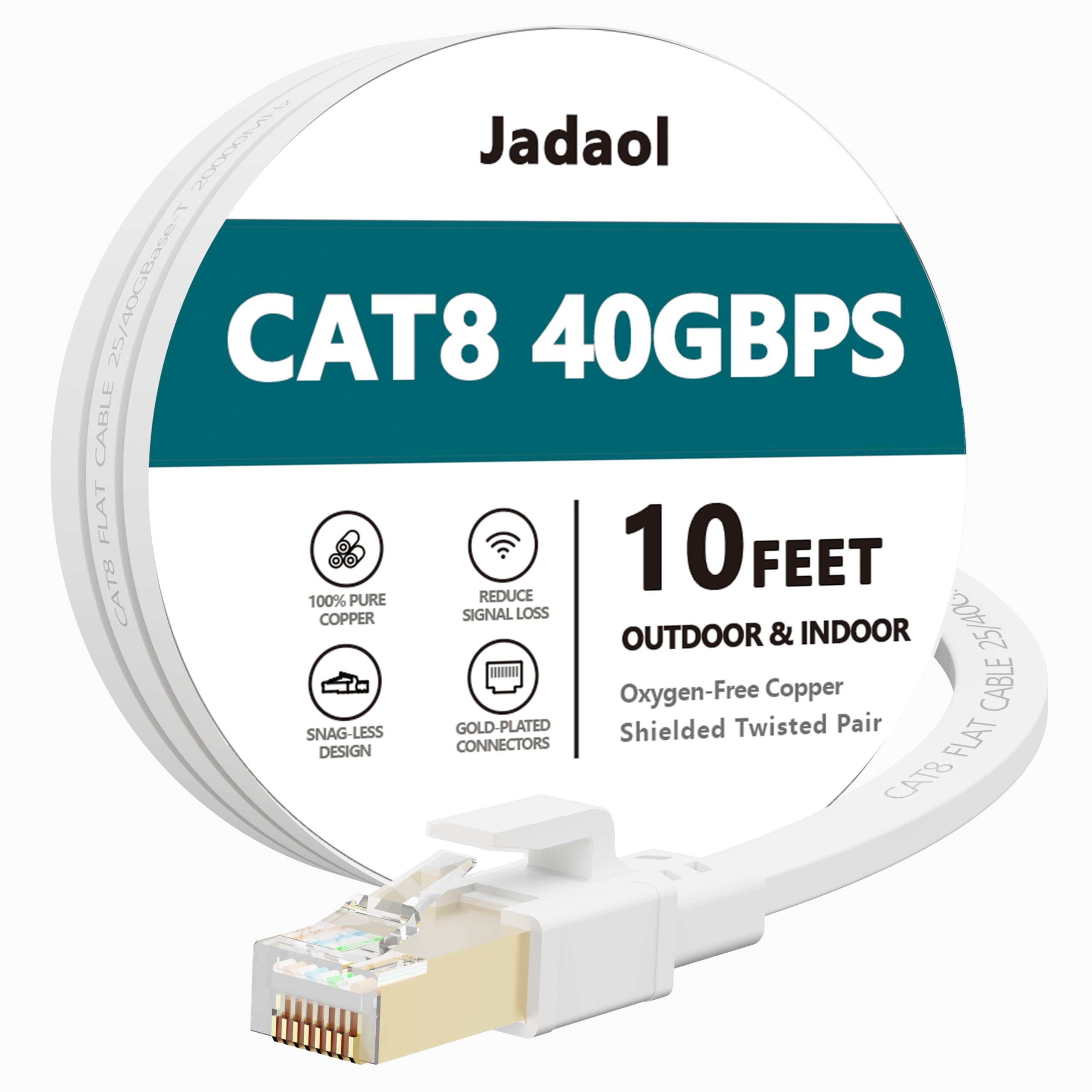 Cat8 Ethernet Cable, Outdoor&Indoor, 10 Ft Heavy Duty High Speed Cat 8 Lan Network Cable, 40Gbps 2000Mhz Rj45 Flat Internet Comp