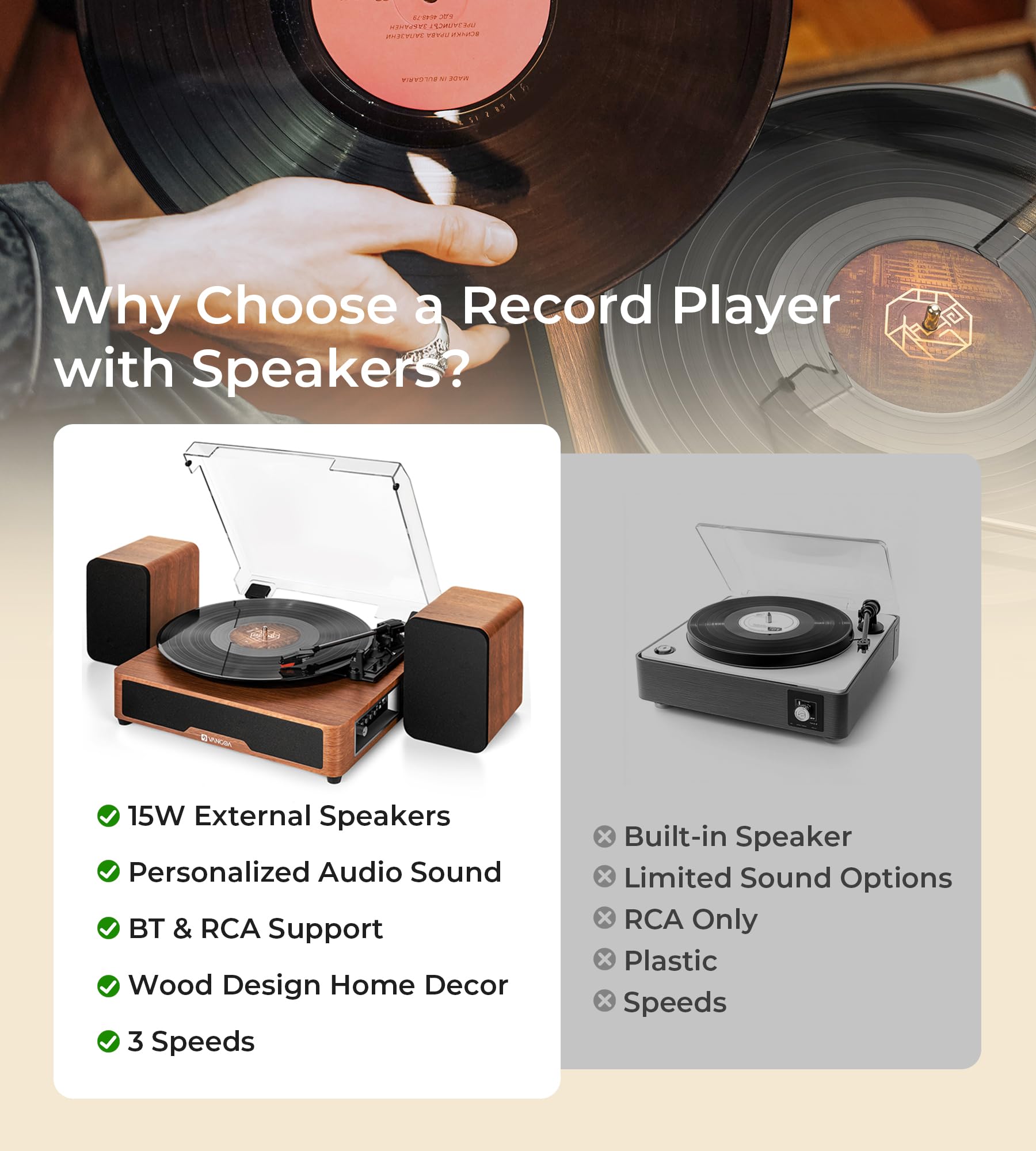 Vangoa Belt-Drive Record Player Turntable RP-01 with External Speakers 3-Speed Wood Brown
