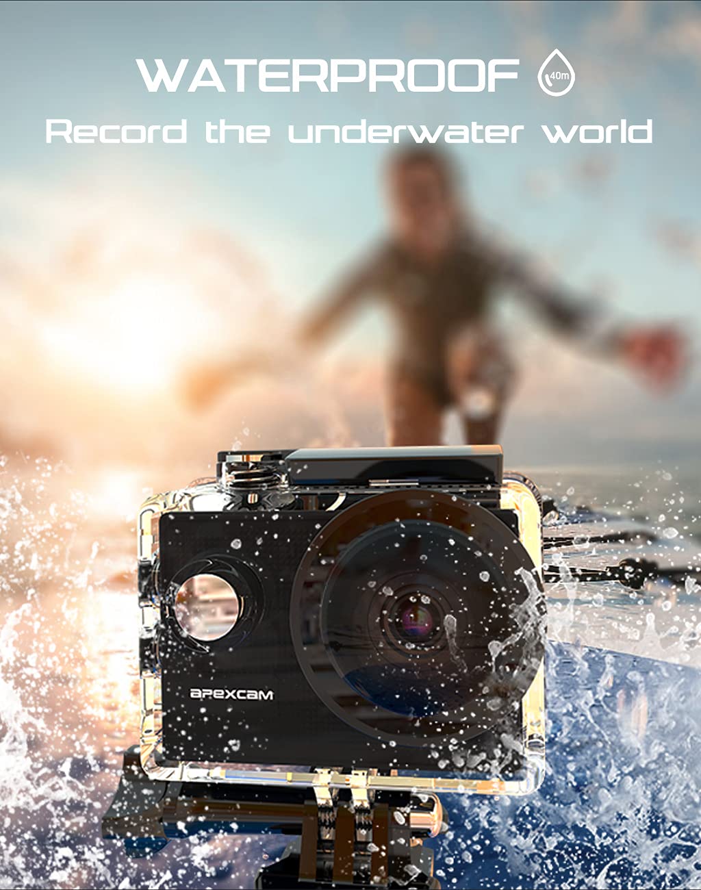 Apexcam 4K 60Fps Action Camera Eis Stabilization 20Mp Sports Cam 40M Waterproof Underwater Camera 8X Zoom Support External Mic W