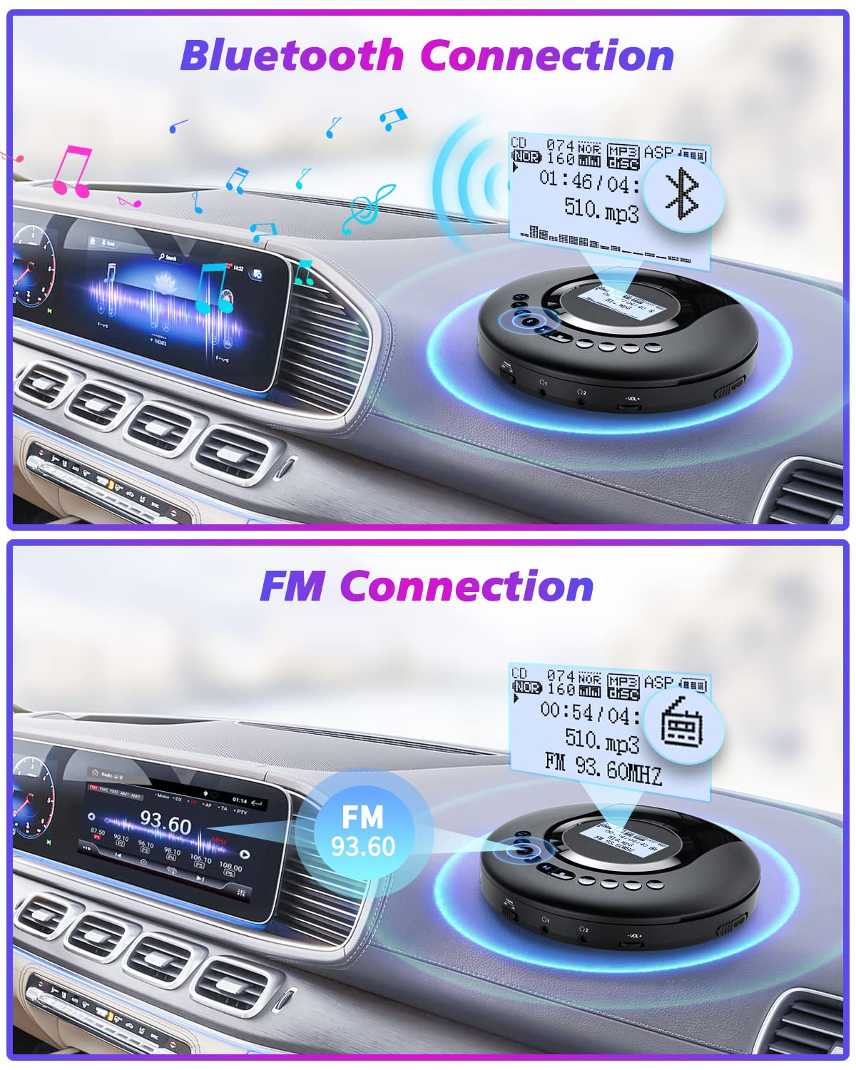 Cd Player Portable Arafuna, Portable Cd Player Bluetooth With Fm Radio, 2000Mah Rechargeable Cd Player For Car With Lcd Screen, Anti Shock Protection Walkman Cd Player With Headphone, Aux Cable