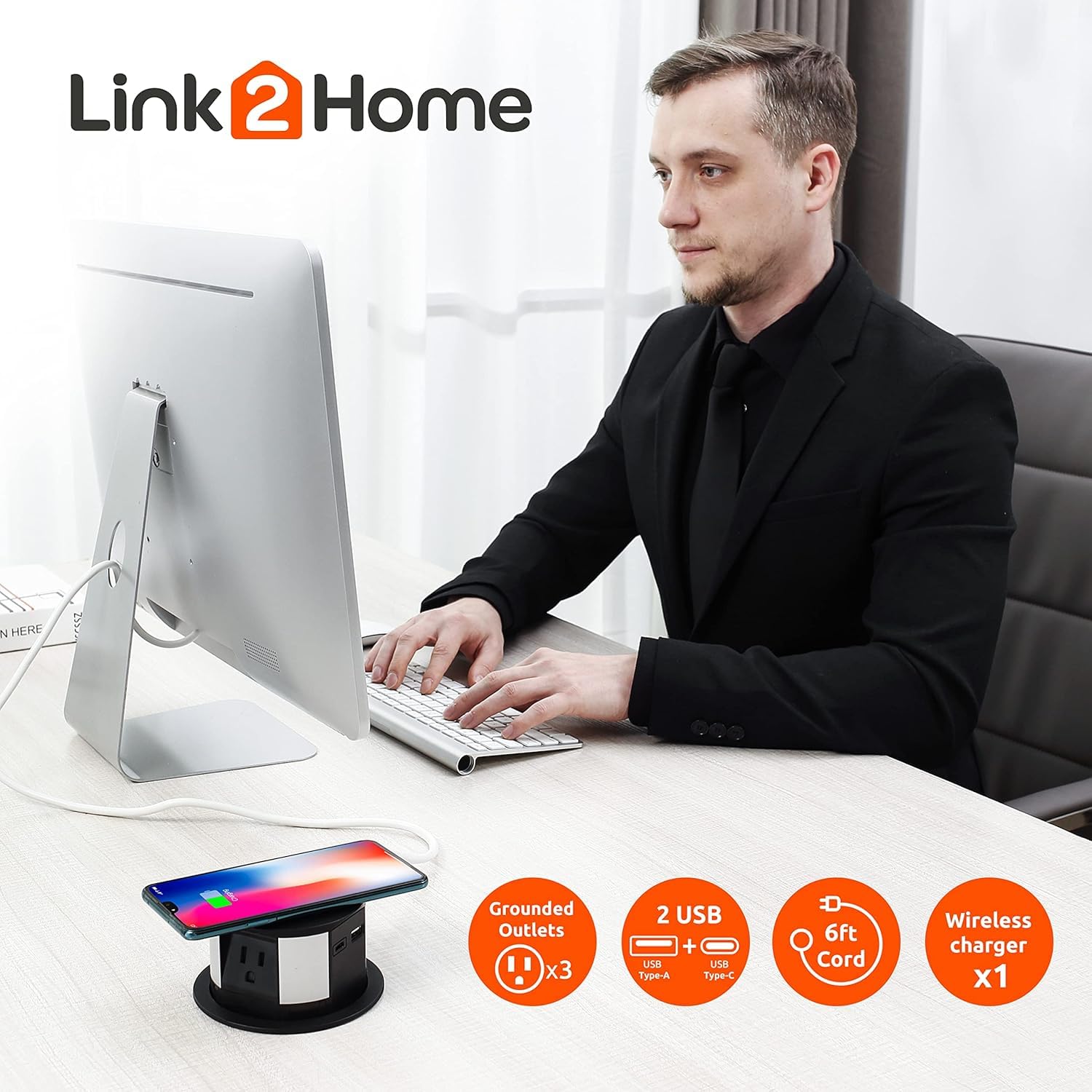 Link2Home 2 Pack Pop Up Outlet 10W Fast Induction Charger With Type C Usb, 3 Power Outlets 15A, 2 Usb Ports 3.0A, Splash Resista
