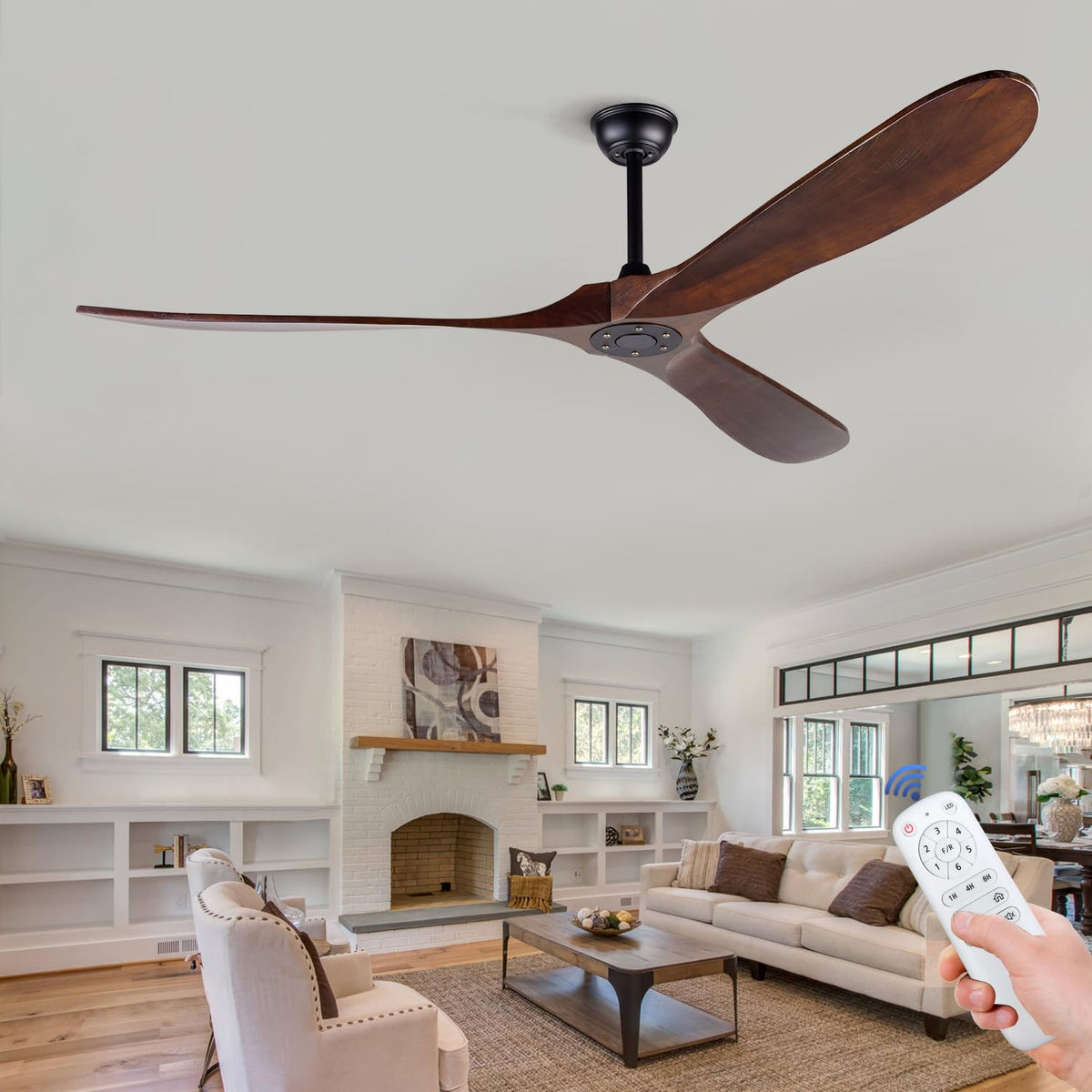 Bojue 72 Inch Ceiling Fans Without Lights, Large Wood Ceiling Fan No Light With Remote, Outdoor Ceiling Fan For Patios Porch Liv