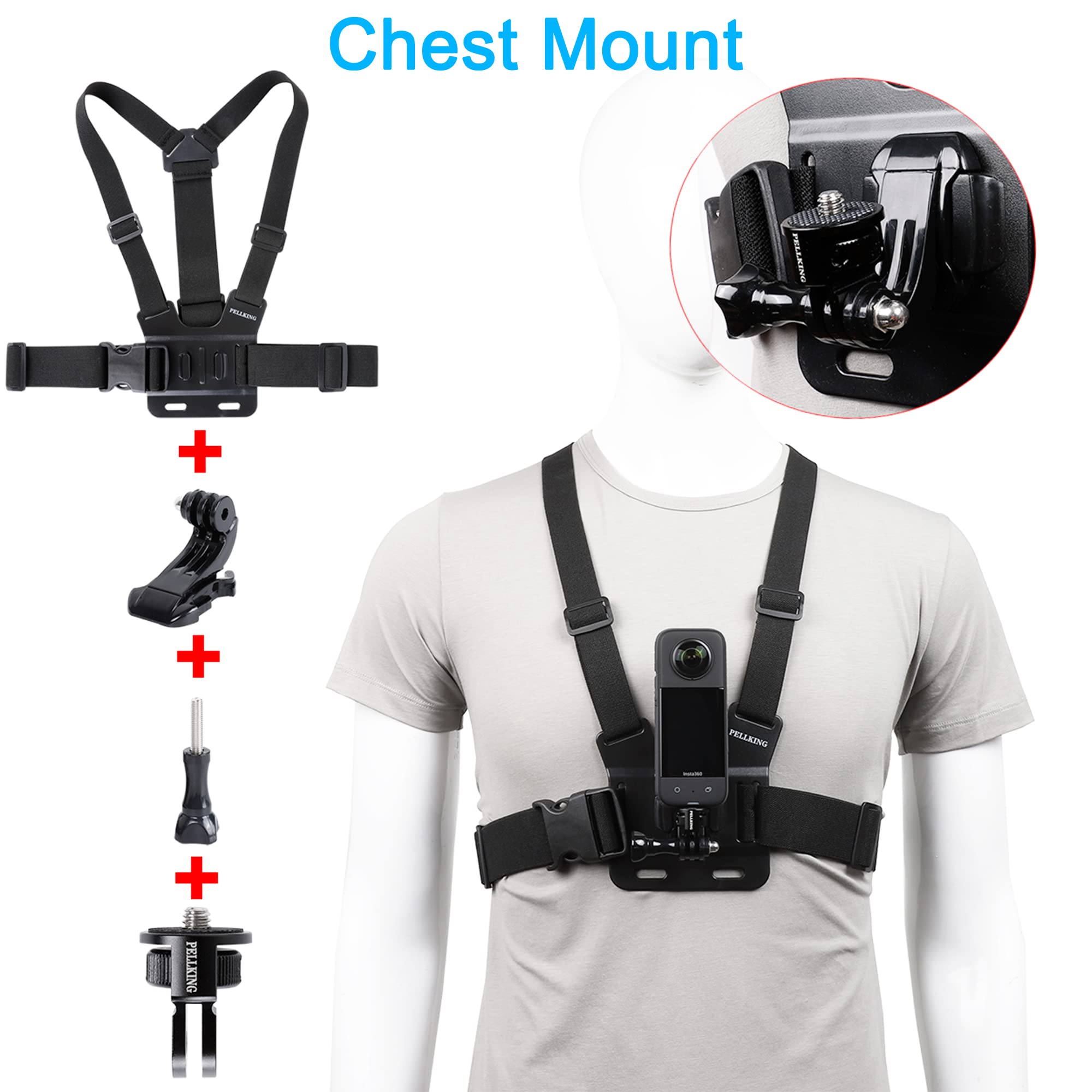 Pellking Accessories Kit For Insta360 X4 Go 3S One X3 X2 X Rs R, 4In1 Chest Strap Mount Harness/Head Mount/Neck Holder/Backpack Strap Mount For Insta 360 Gopro Dji Action Camera