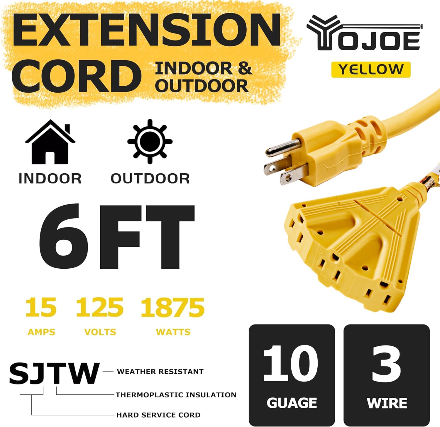 Yojoe 3 Outlets Indoor Outdoor Extension Cord, 3 Prong 15A Weatherproof Power Cord Multiple Outlets, 10 Gauge Heavy Duty 6 Ft Ye