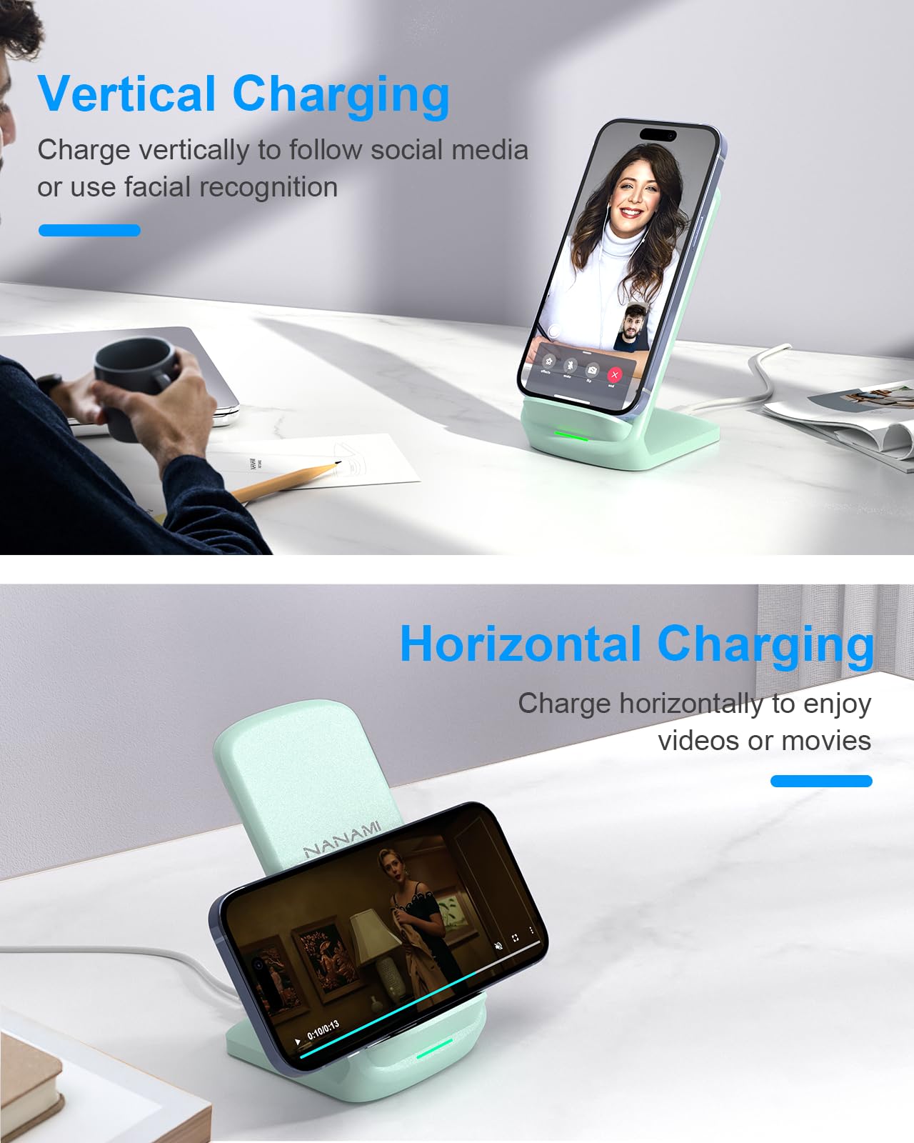 Nanami Upgraded Fast Wireless Charger,Qi Certified Wireless Charging Stand For Samsung Galaxy S24/S23/S22/S21/S20/S10/S9/Note 20