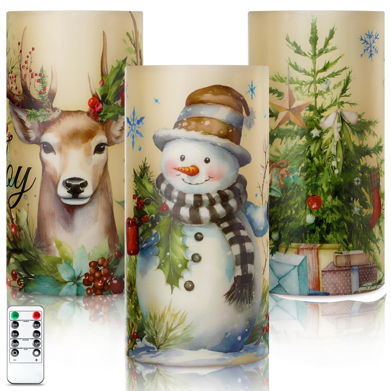 ROCEEI 3 Pcs Christmas Retro Candles Winter Vintage Style Battery Operated LED Candles Christmas Retro Pillar Flickering Real Wa