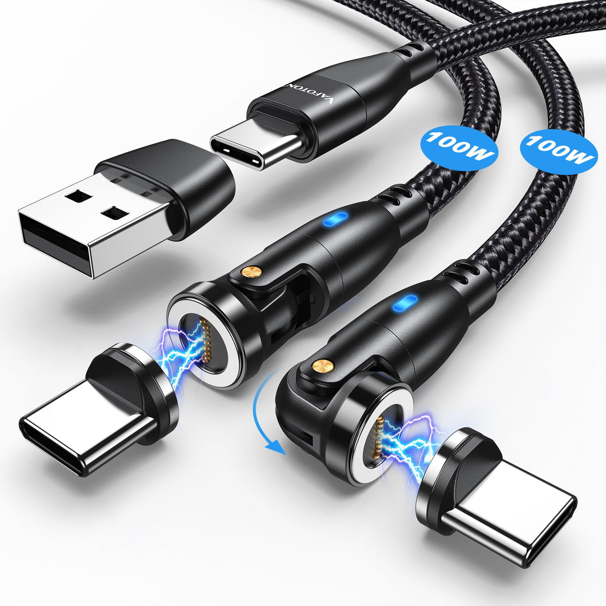 Vafoton Usb C Magnetic Charging Cable 100W (2Pack, 3.3Ft/6Ft), 9Pin Magnetic Charger Cable/360&180 Rotation Magnetic Phone Charg