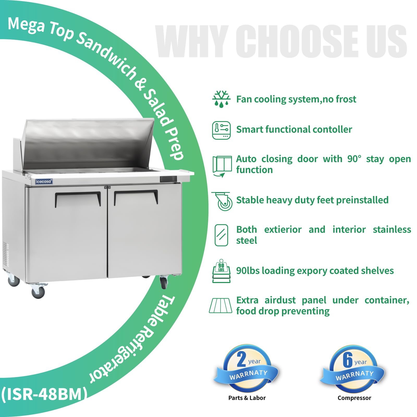 Icecasa 48'' W Commercial Refrigerator Sandwich&Salad Prep Table Mega Top Single Door Stainless Steel Counter Fan Cooling Refrig