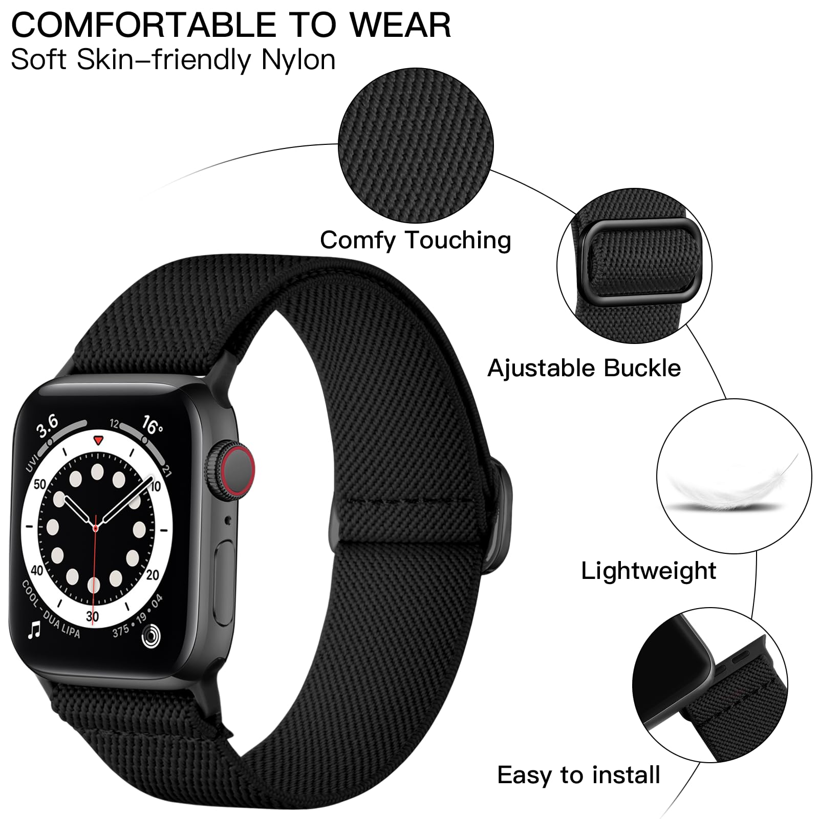 Lerobo Black Elastic Nylon Solo Loop Band for Apple Watch 49mm 46mm 45mm 44mm SE Series 8 9 7 6 5 4 3