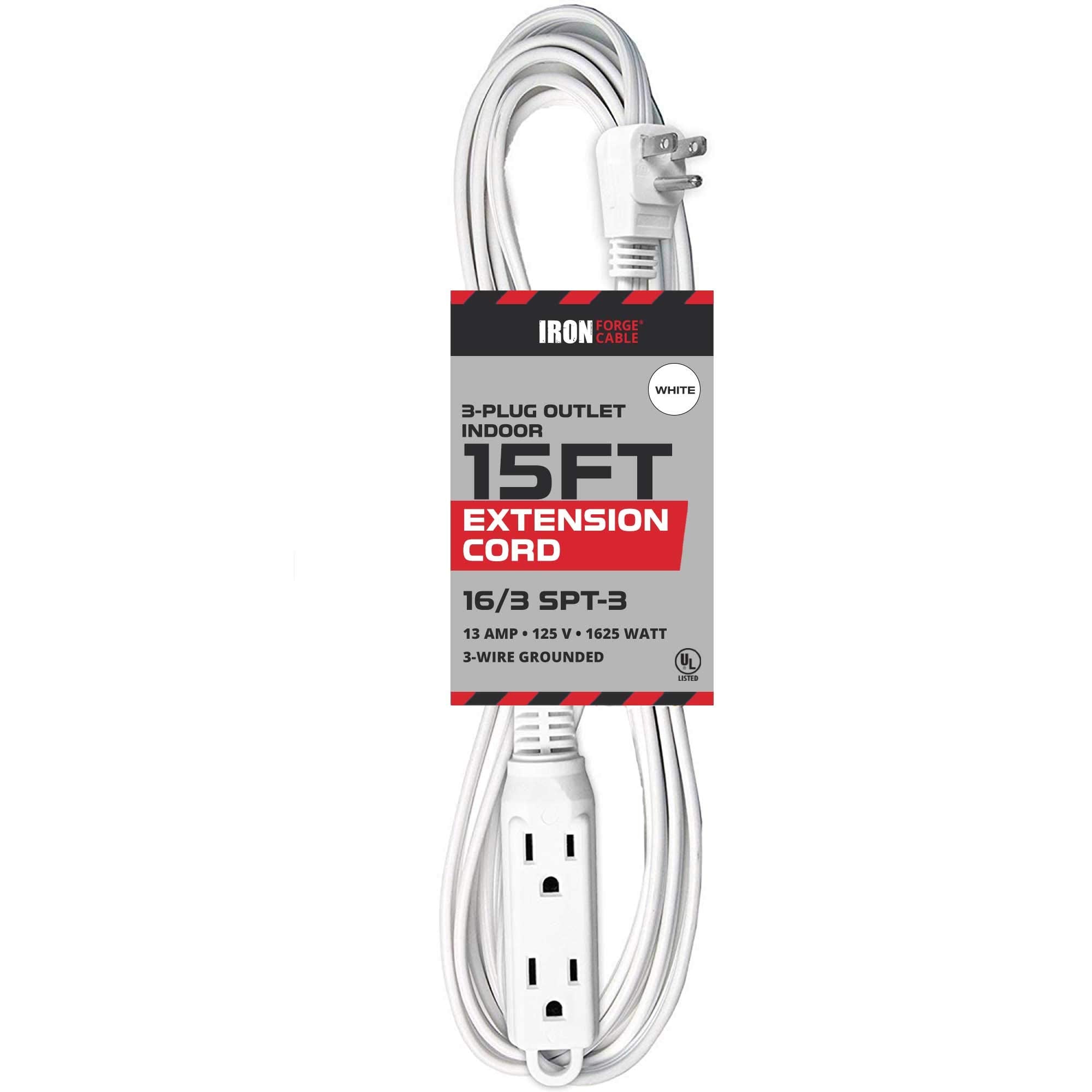 Iron Forge Cable 15 Ft Extension Cord With 3 Electrical Power Outlet   16/3 Durable White Cable