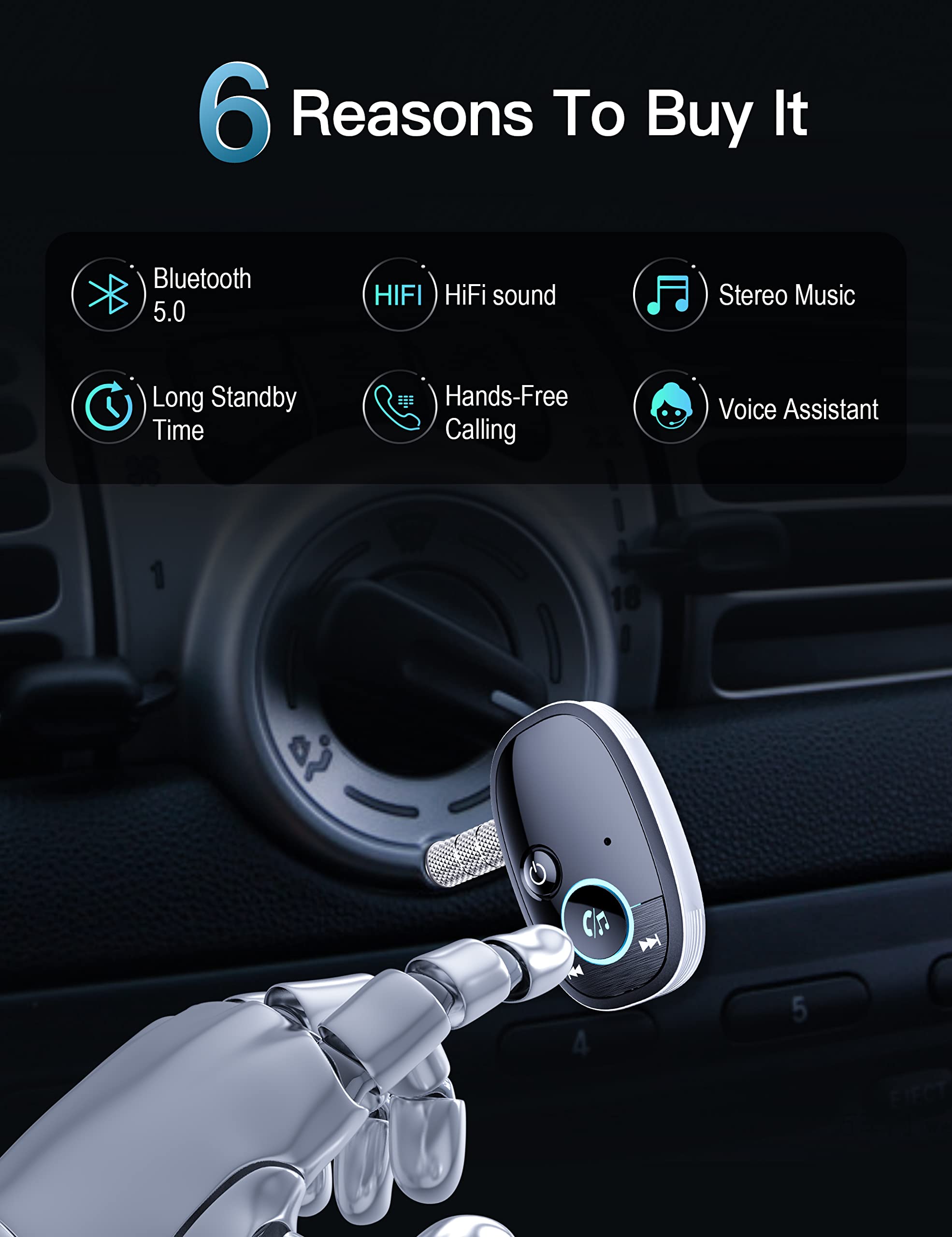 Arsvita Bluetooth Aux Receiver For Car, Portable Audio Adapter With Bluetooth 5.0, Music Streaming For Home Stereo, Wired Headphones, Speakers, Black