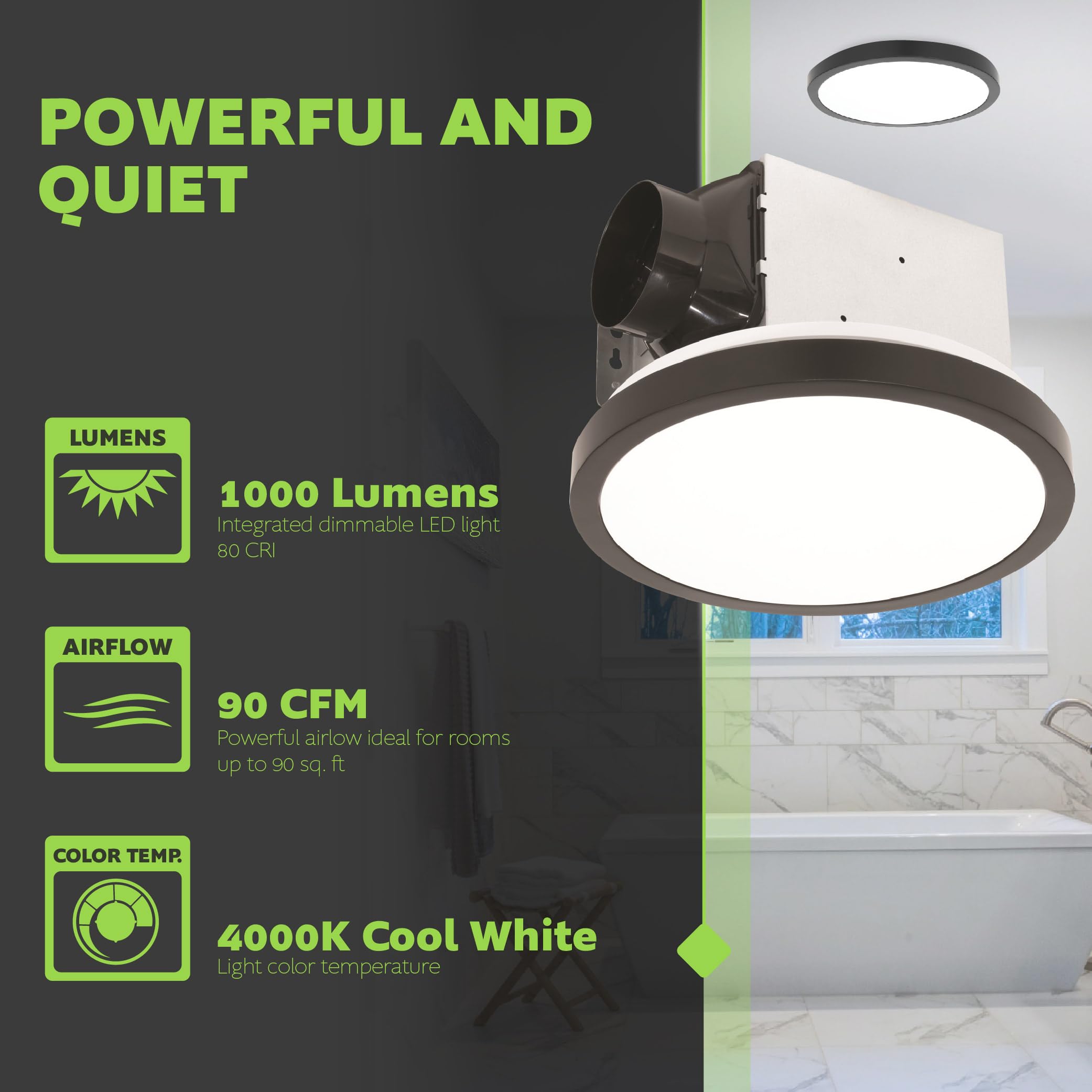 Homewerks 7105 09 Mb Bathroom Fan With Light 90 Cfm 1.5 Sones Round Ventilation Fan With Dimmable Led Light And Magnetic Trim Ri