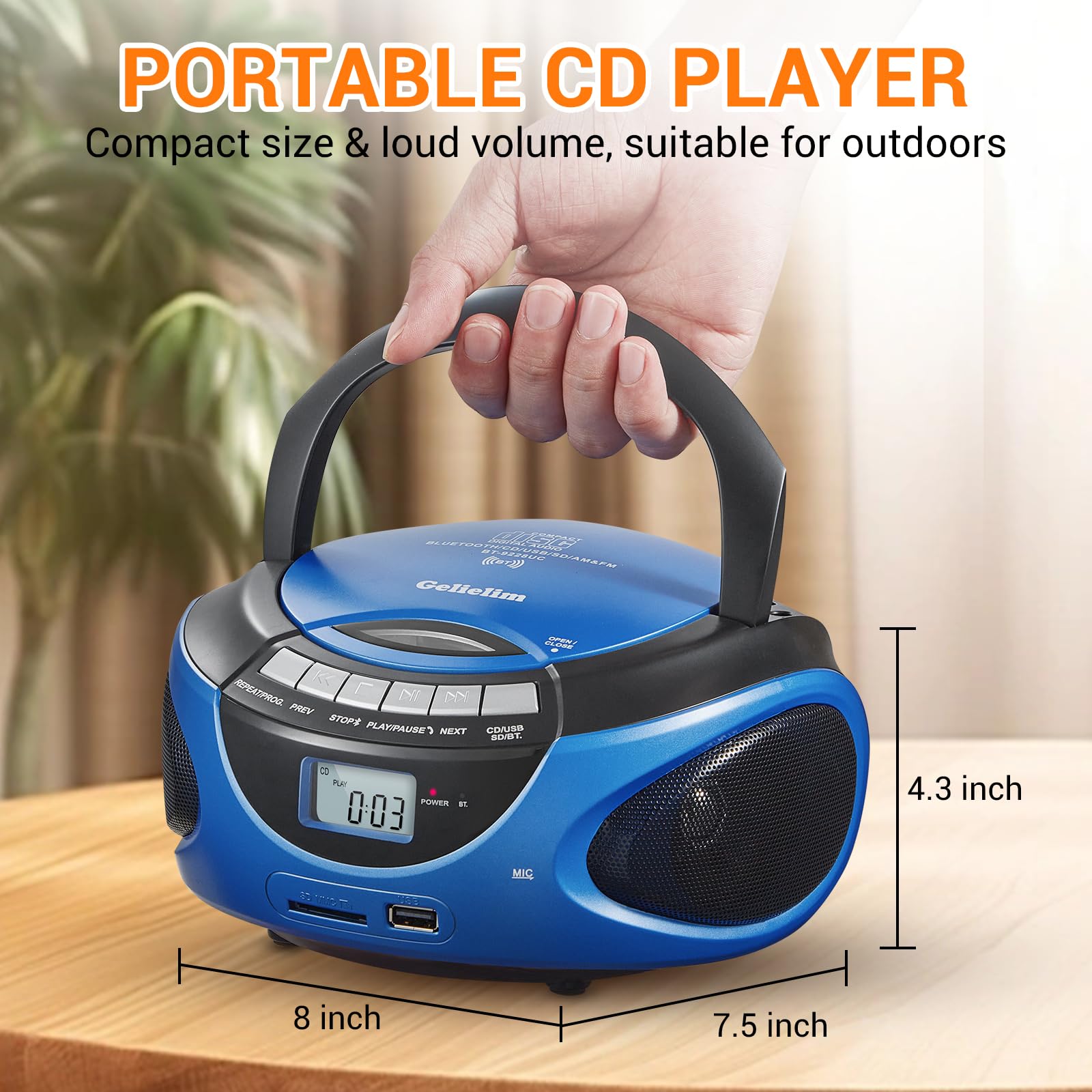 Gelielim Boombox Cd Player, Cd Players For Home With Bluetooth, Am Fm Radio, Portable Cd Boombox Support Usb, Sd, Mmc Drive, Lcd