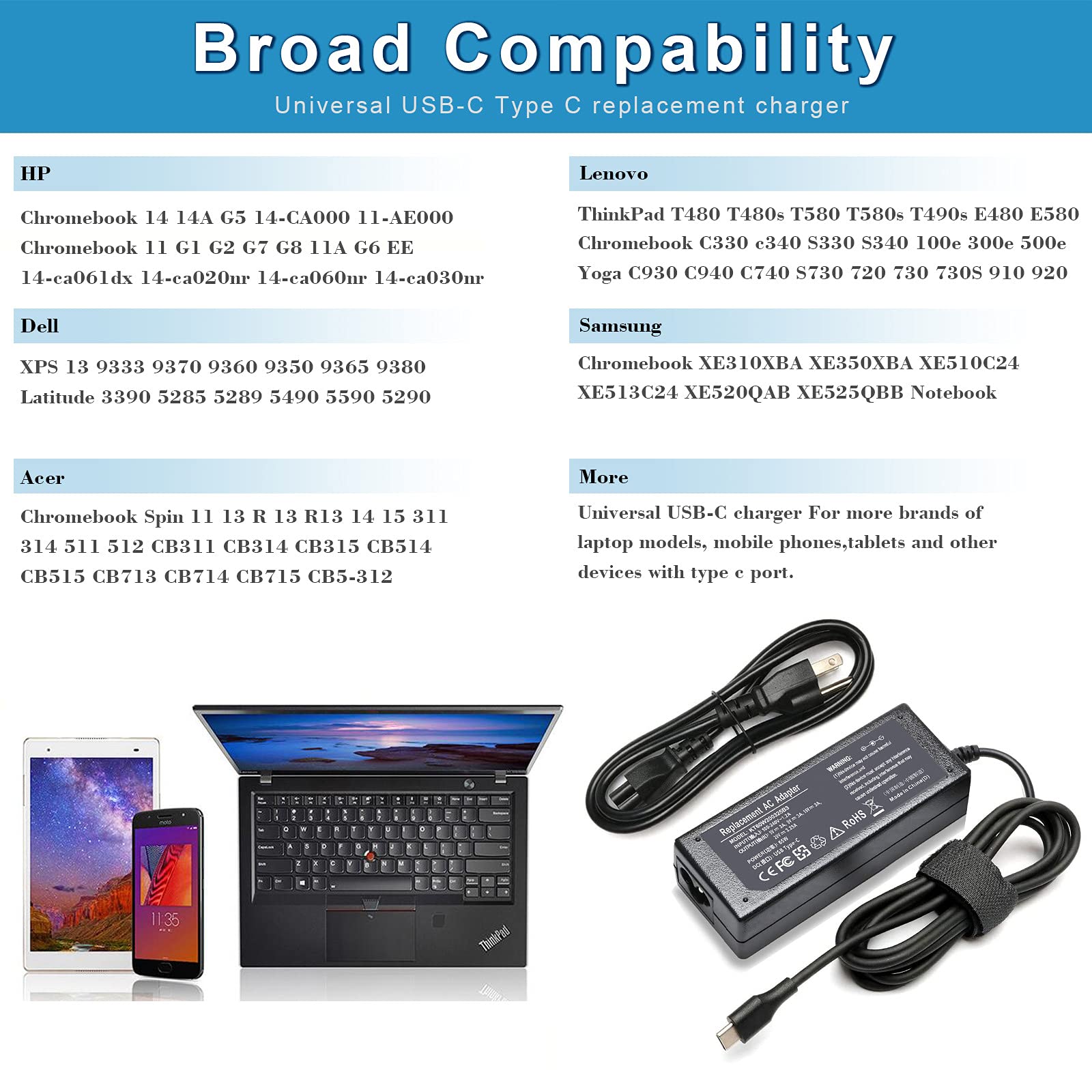 65W 45W Usb C Charger For Lenovo Thinkpad T480 T480S T490S T580 T580S T590 E480 E580 E585 Chromebook 100E 300E 500E C330 C340 S330 Yoga C930 C940 C740 S730 730 730S 910 920 X1 Carbon 5Th 6Th 7Th Gen