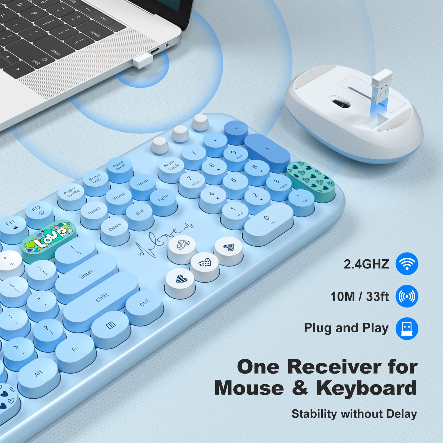 Mofii Wireless Keyboard And Mouse Combo   Pale Blue Full Sized Plug And Play Colorful Computer Keyboards   104 Keys Round Keycap