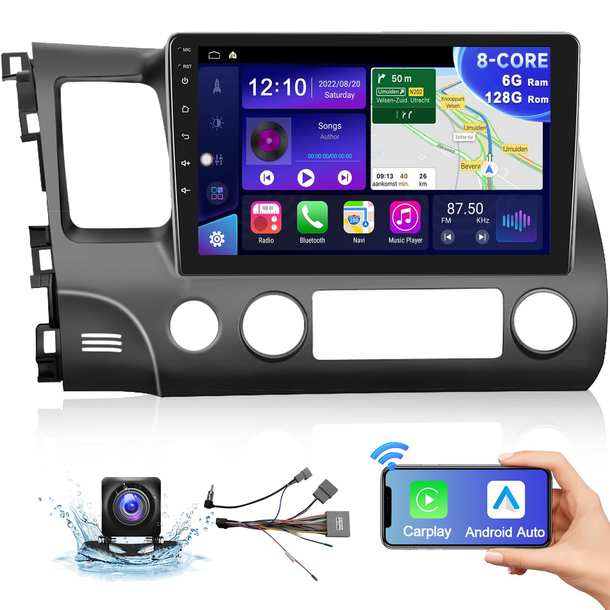 8Core 6G+128G Android 13.0 Car Stereo For Honda Civic 2006 2011 With Wireless Carplay/Android Auto, 10.1 Inch 1280 * 720 Touchscreen Radio, Wifi 4G/Gps/Bluetooth 5.0/Am Fm/Dsp Audio/Swc/Hd Camera